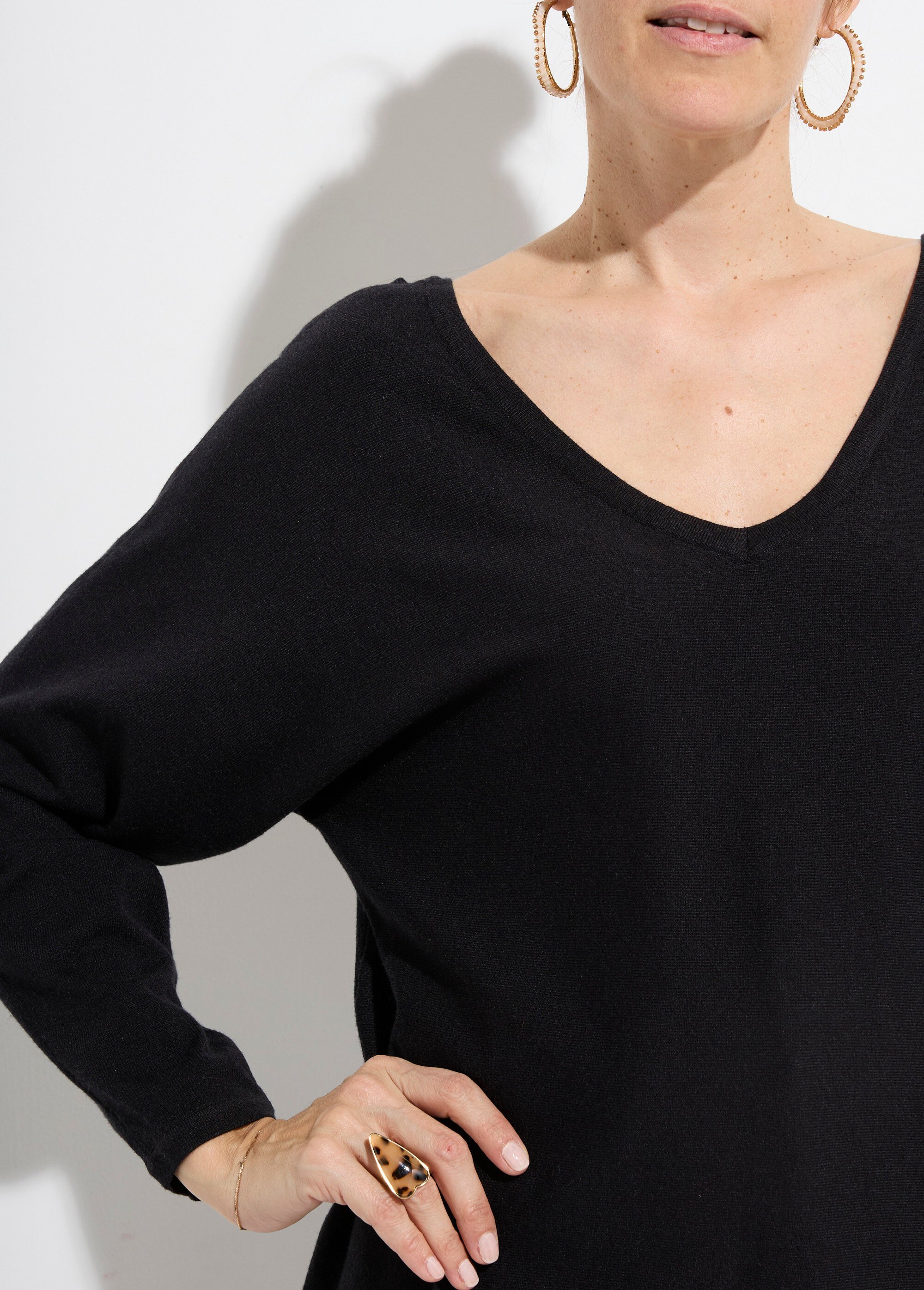 Pull col V maille fine éco-responsable Femme Noir JS-JP-6712 DE1