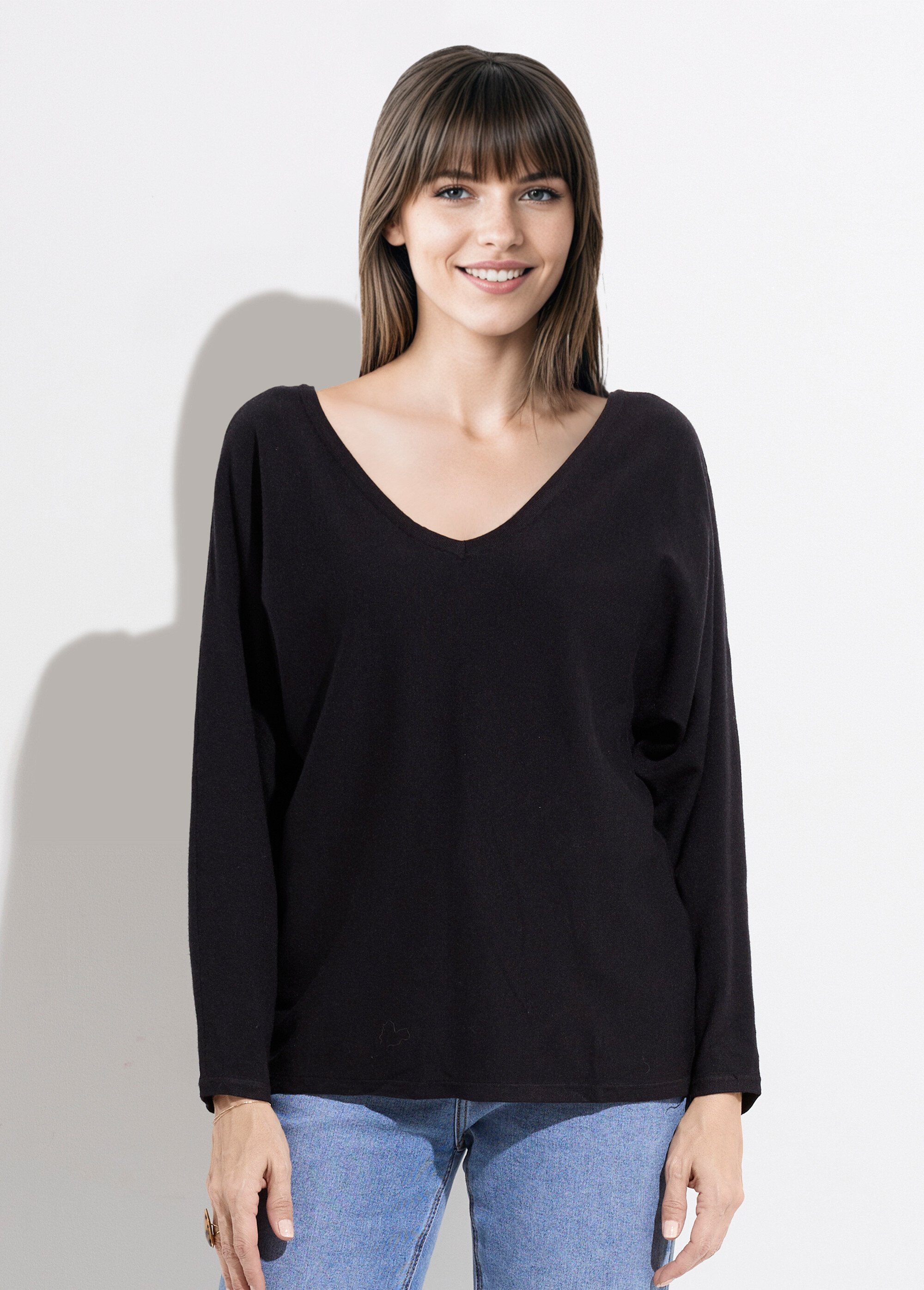Pull col V maille fine éco-responsable Femme Noir JS-JP-6712 FA1