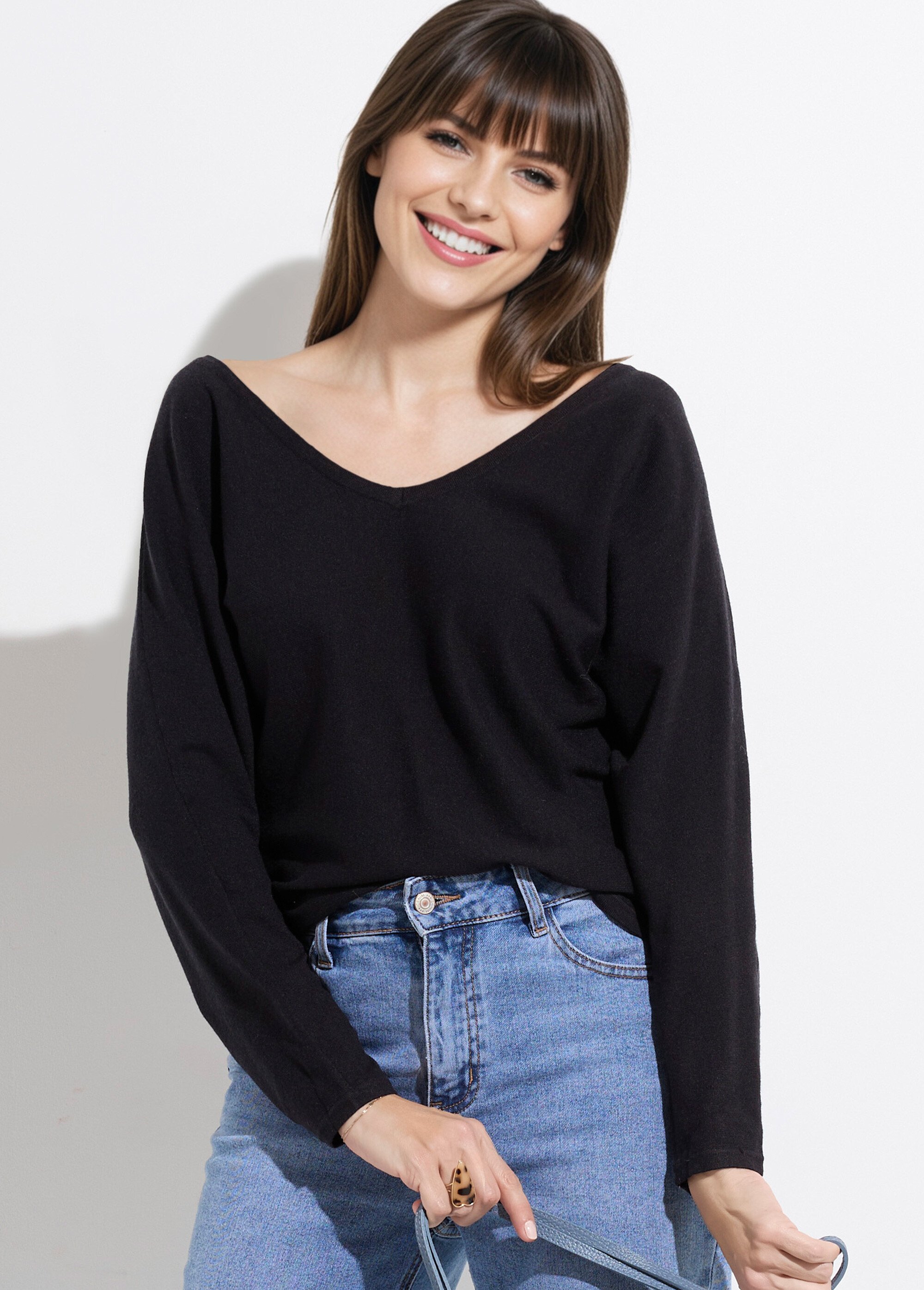 Pull col V maille fine éco-responsable Femme Noir JS-JP-6712 MV1