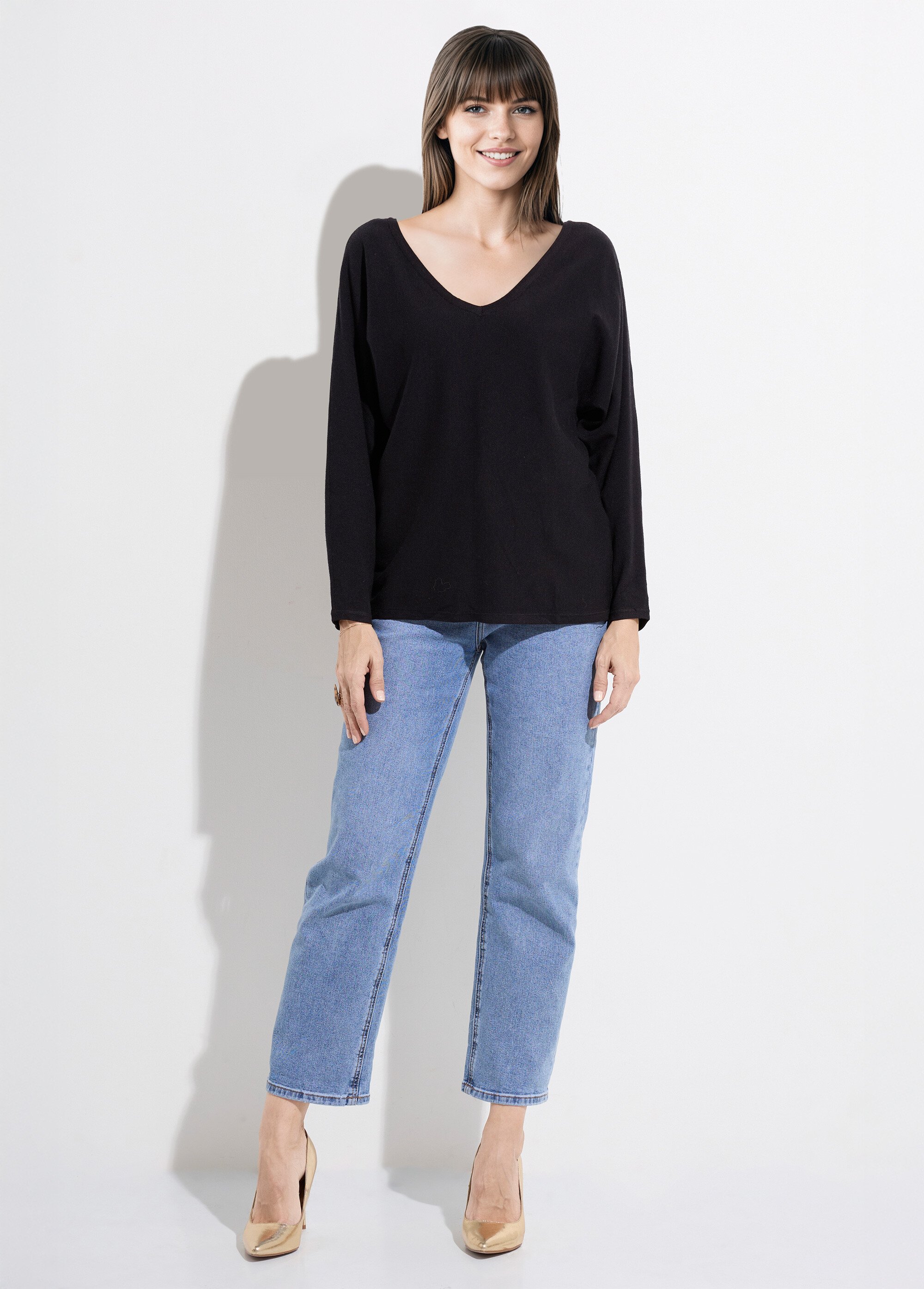 Pull col V maille fine éco-responsable Femme Noir JS-JP-6712 SF1