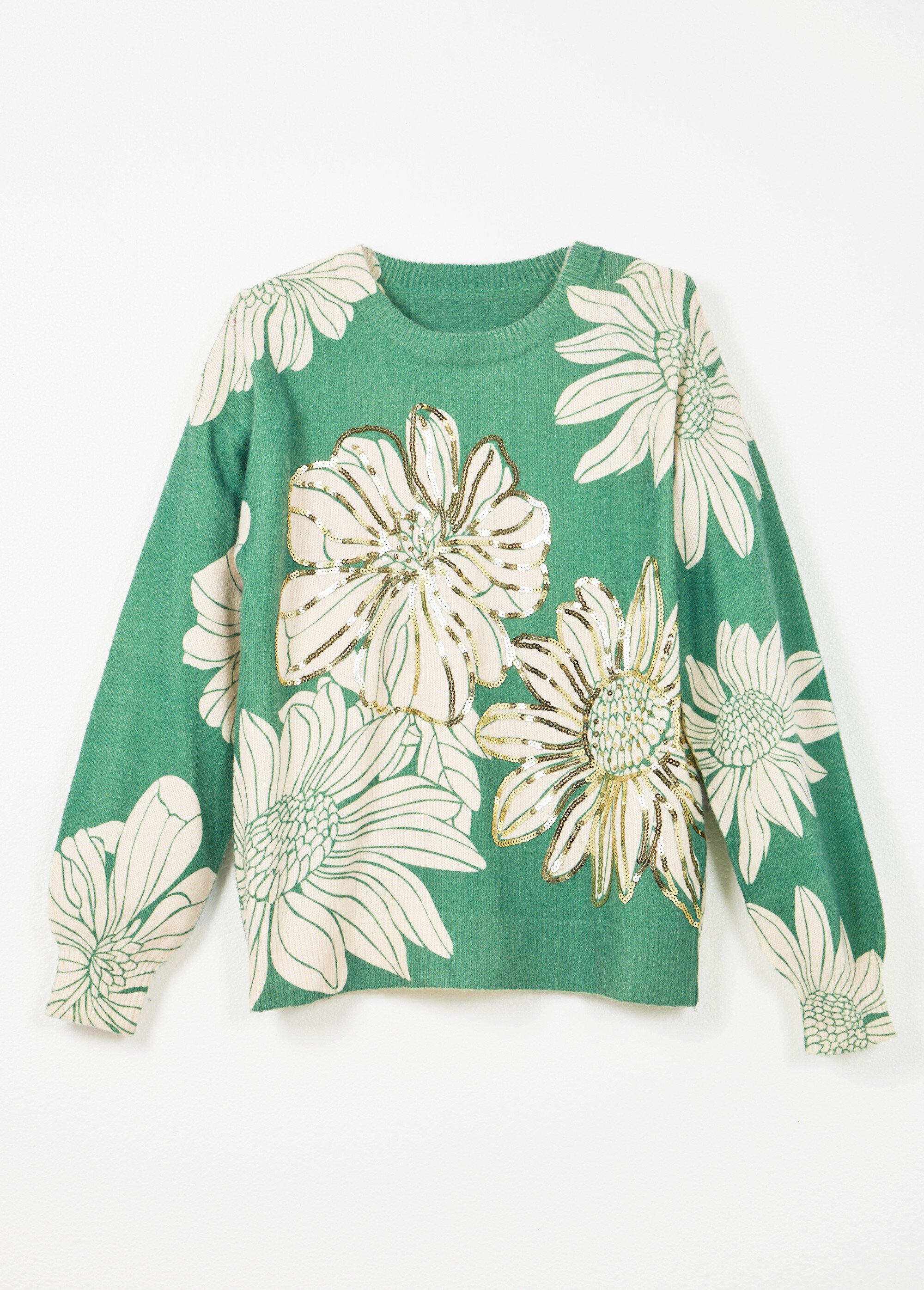 Pull fin imprimé fleurs sequins col rond Femme Vert PARDOUX AP1