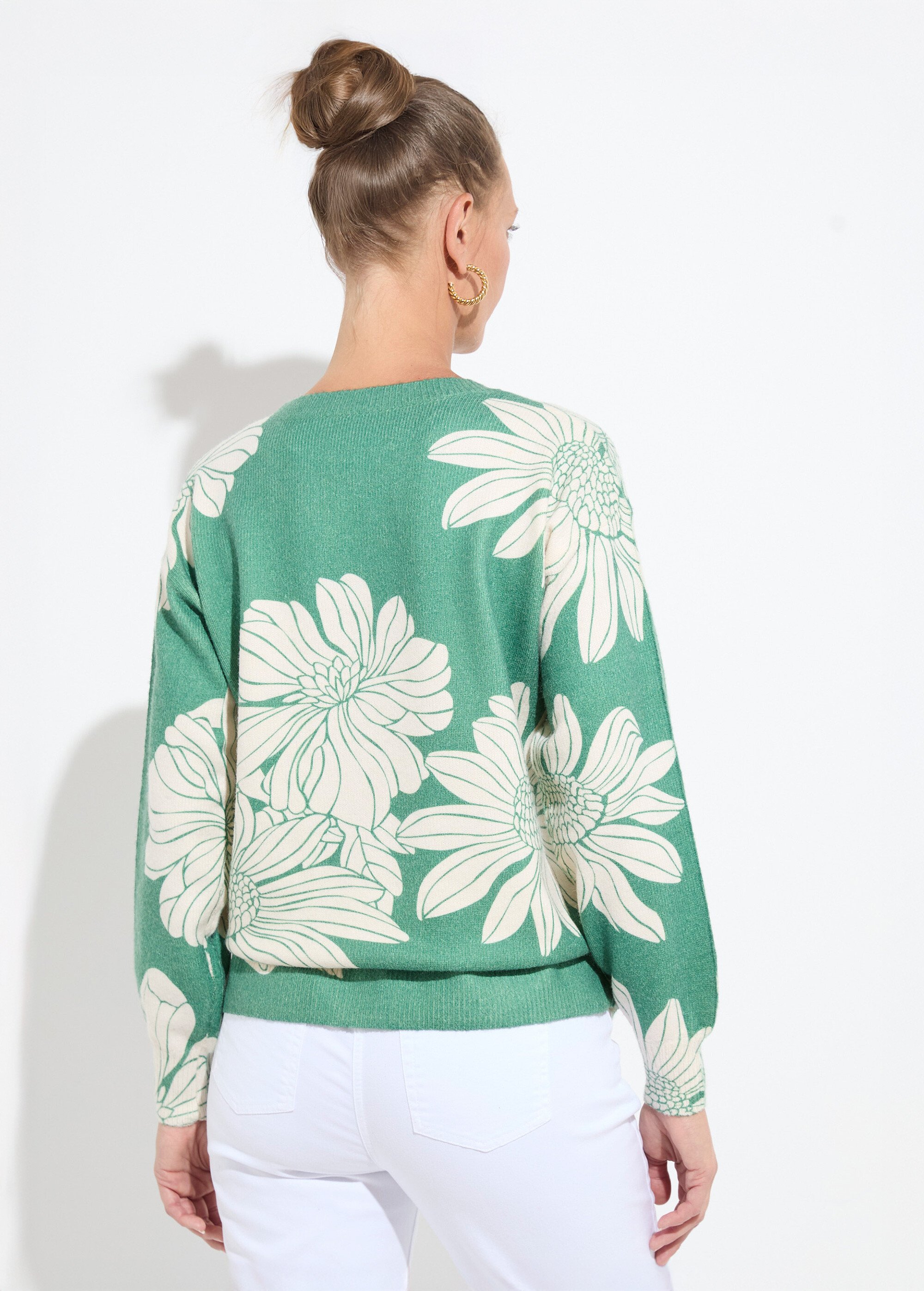 Pull fin imprimé fleurs sequins col rond Femme Vert PARDOUX DO1