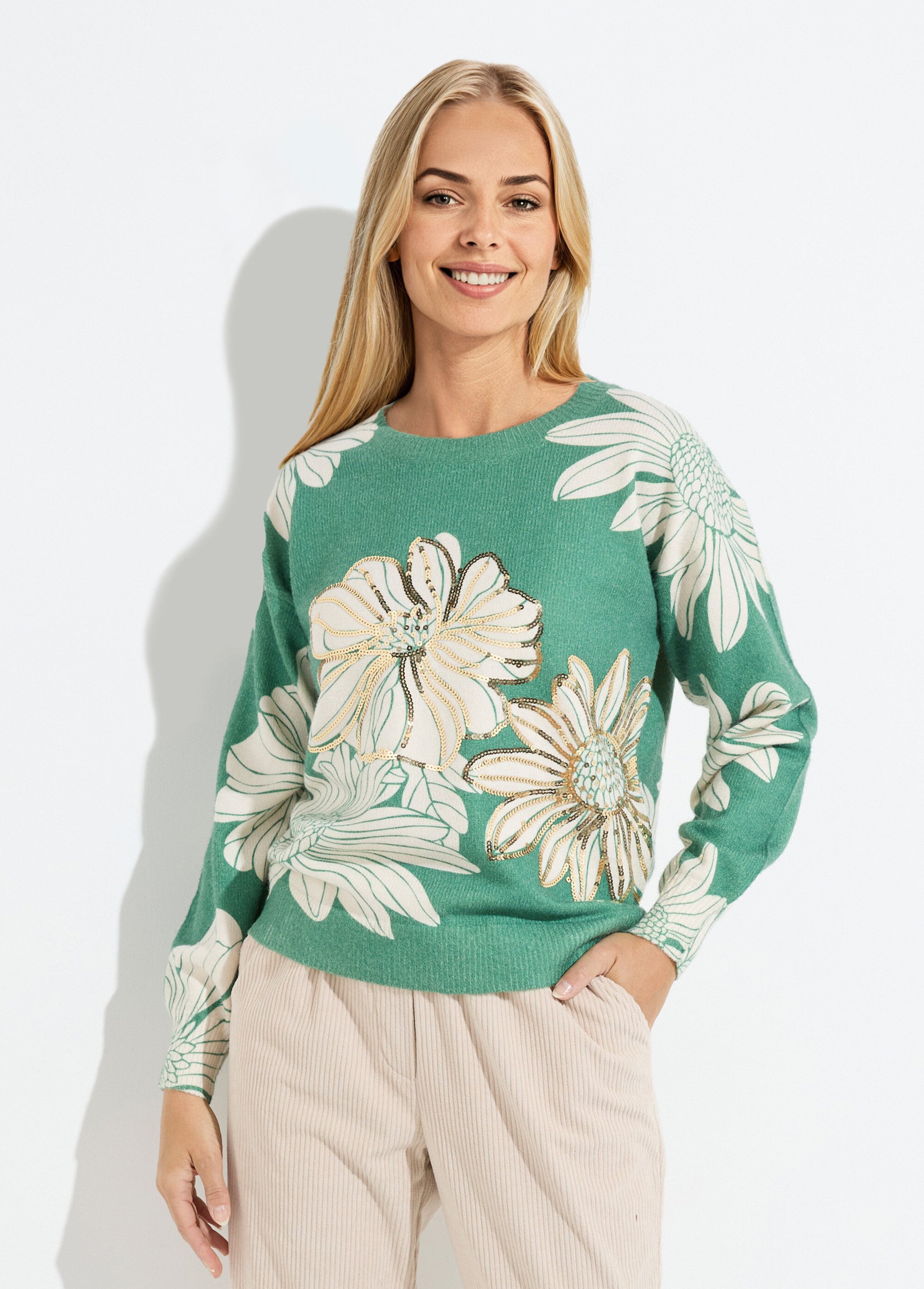 Pull fin imprimé fleurs sequins col rond Femme Vert PARDOUX FA1