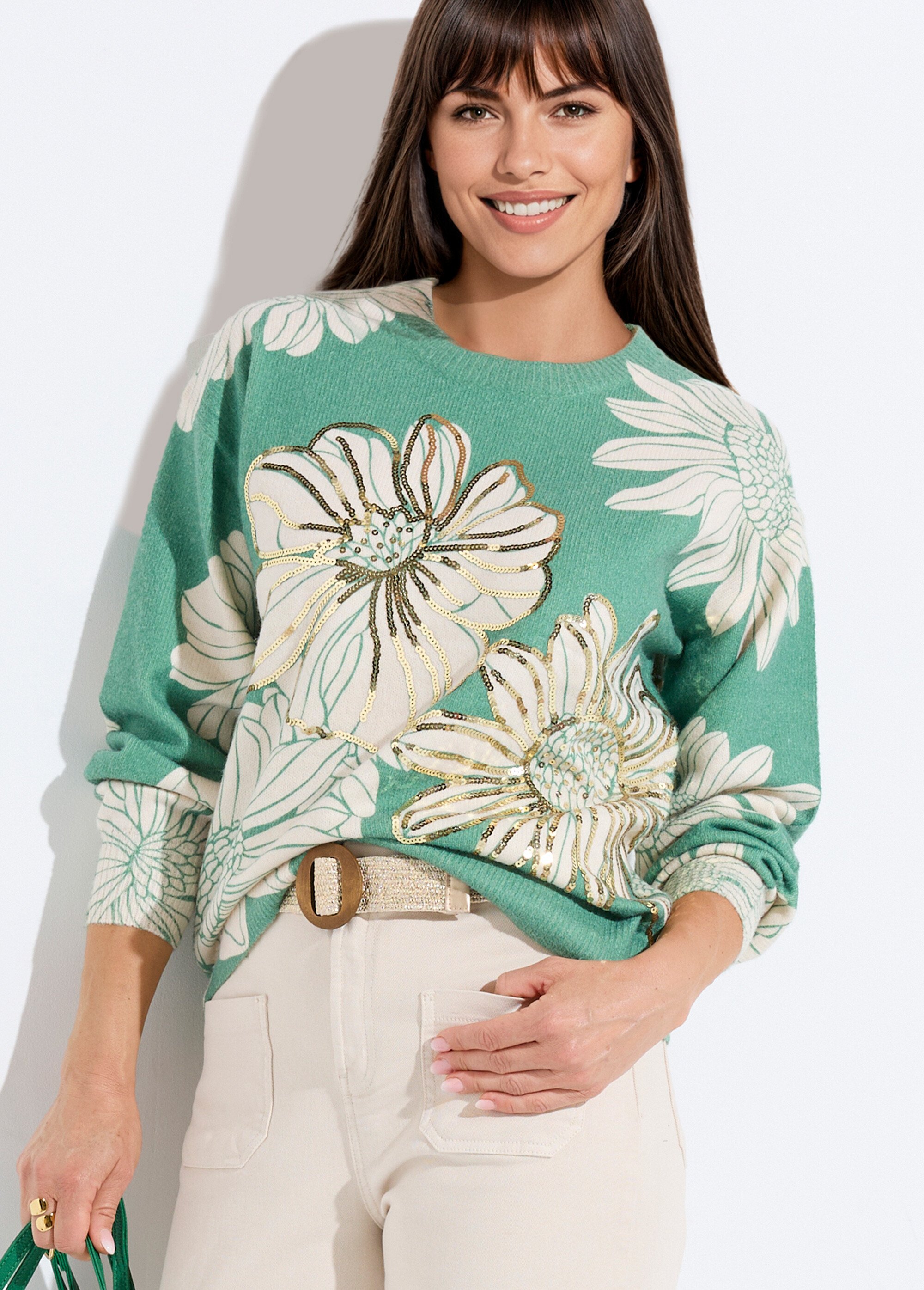 Pull fin imprimé fleurs sequins col rond