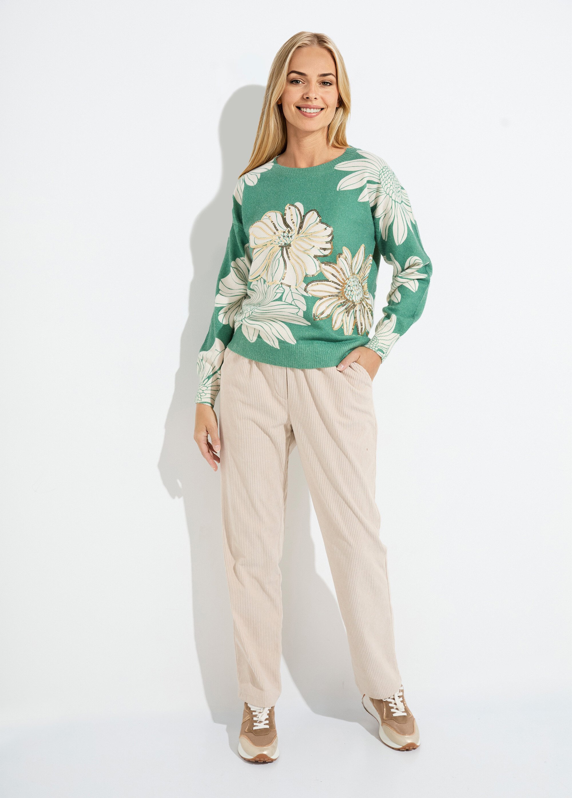 Pull fin imprimé fleurs sequins col rond Femme Vert PARDOUX SF1