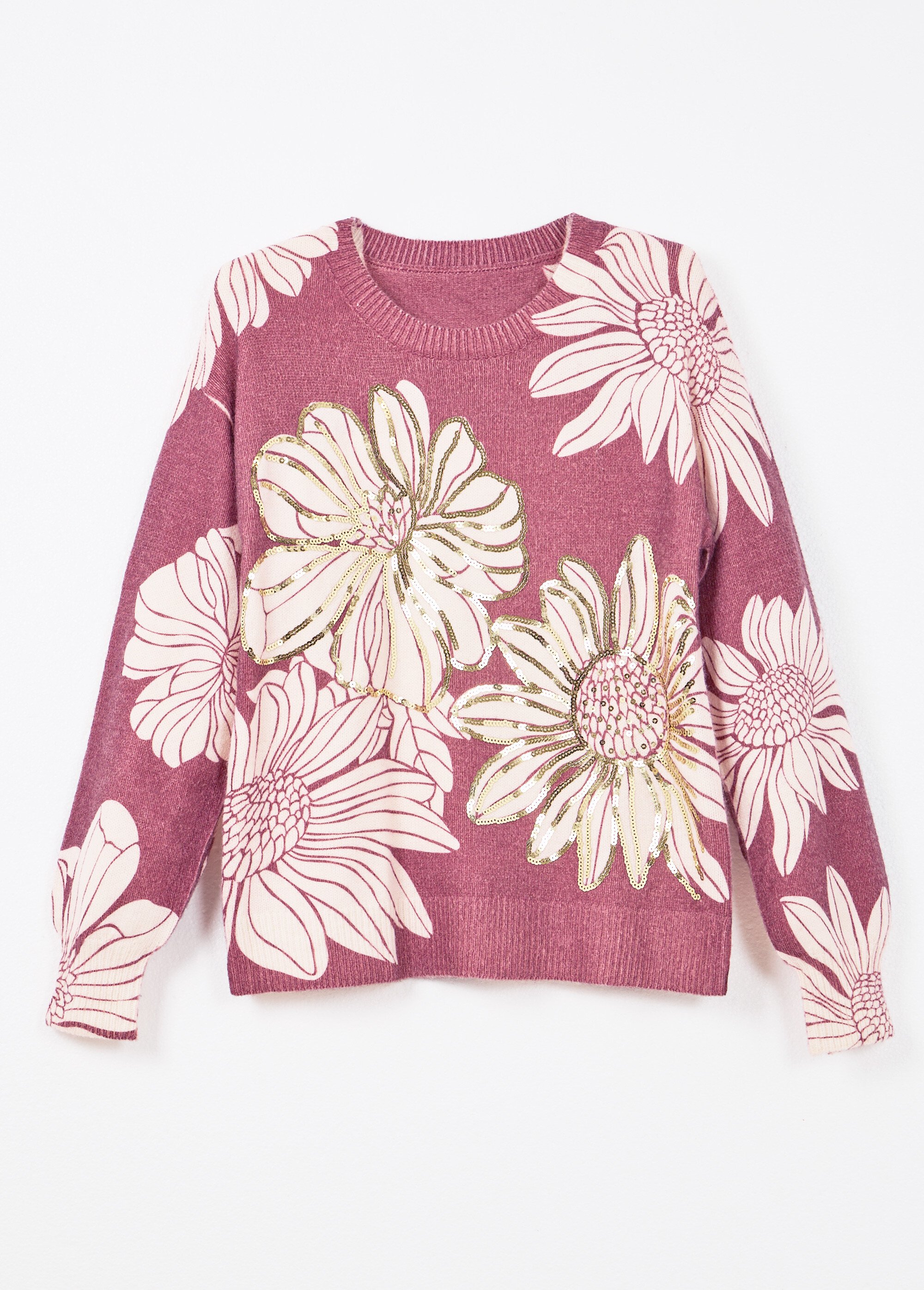 Pull fin imprimé fleurs sequins col rond Femme Rouge PARDOUX AP1