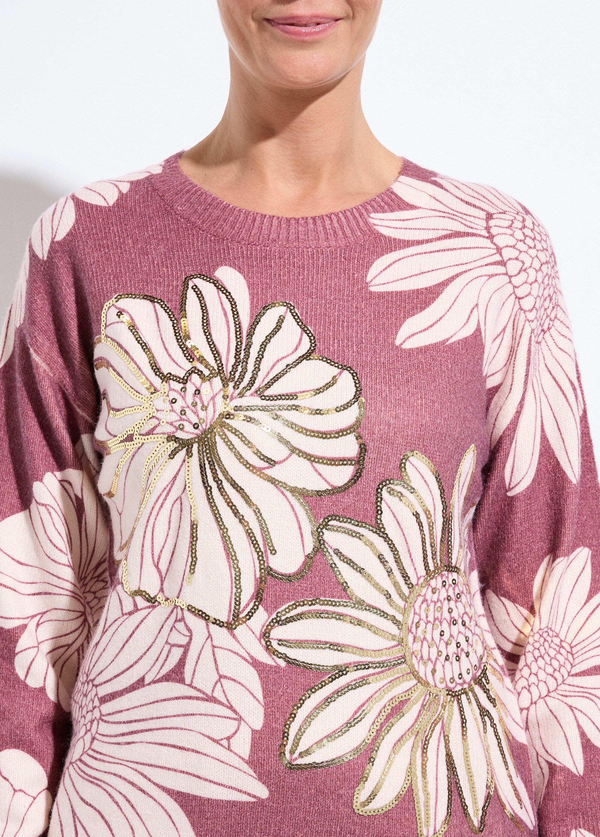 Pull fin imprimé fleurs sequins col rond