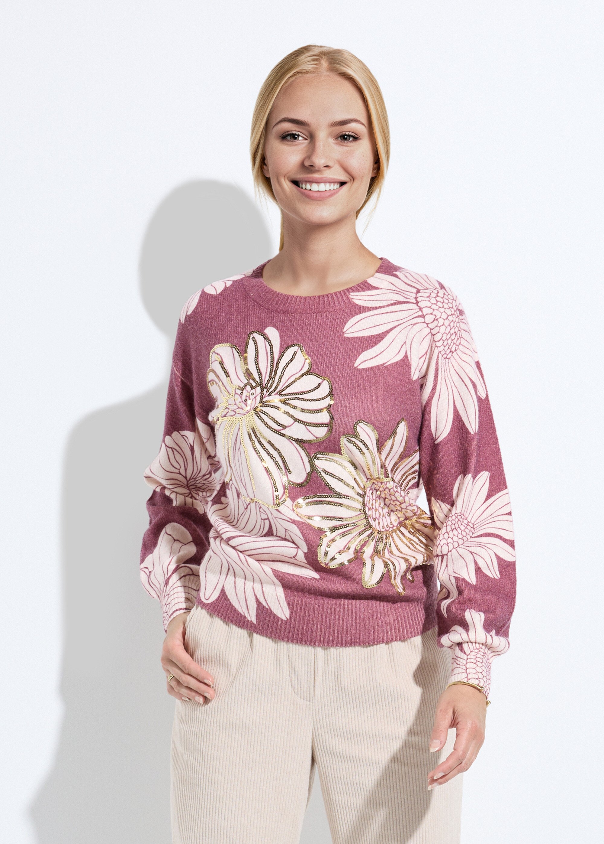 Pull fin imprimé fleurs sequins col rond Femme Rouge PARDOUX FA1