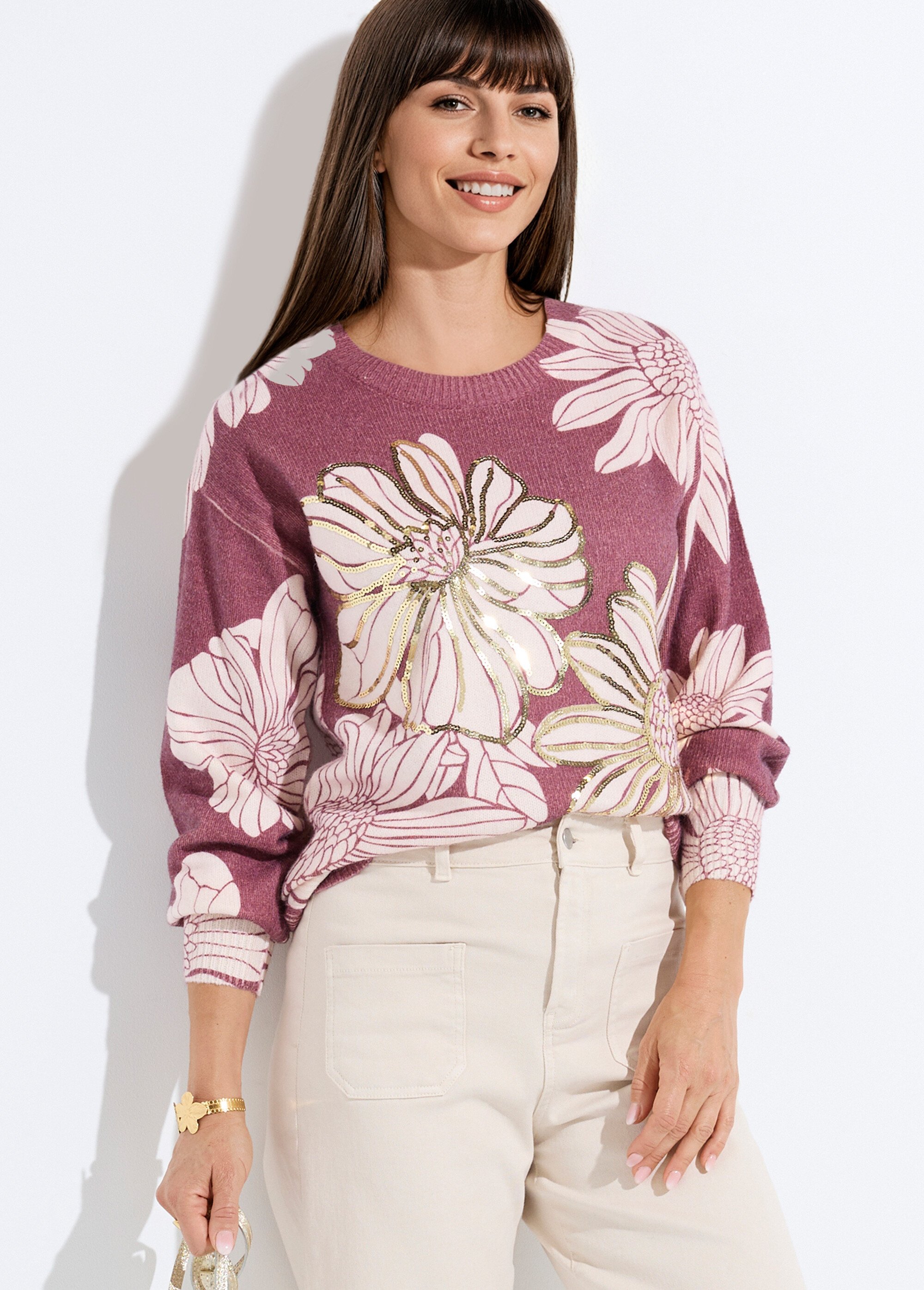 Pull fin imprimé fleurs sequins col rond