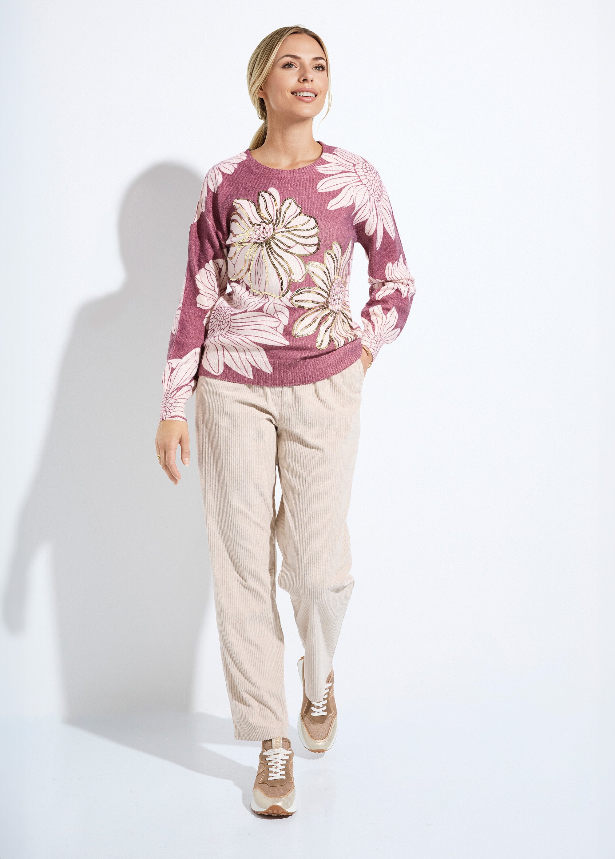 Pull fin imprimé fleurs sequins col rond Femme Rouge PARDOUX SF1