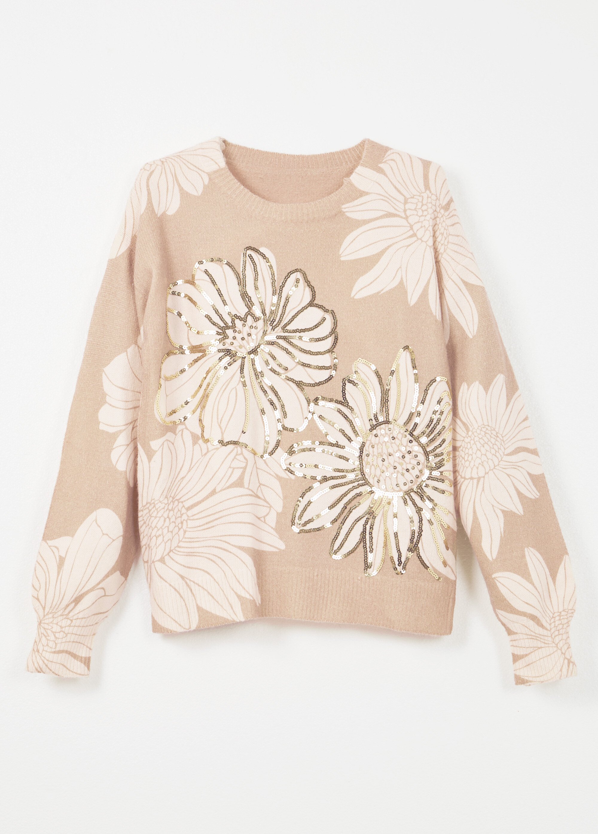 Pull fin imprimé fleurs sequins col rond Femme Beige PARDOUX AP1