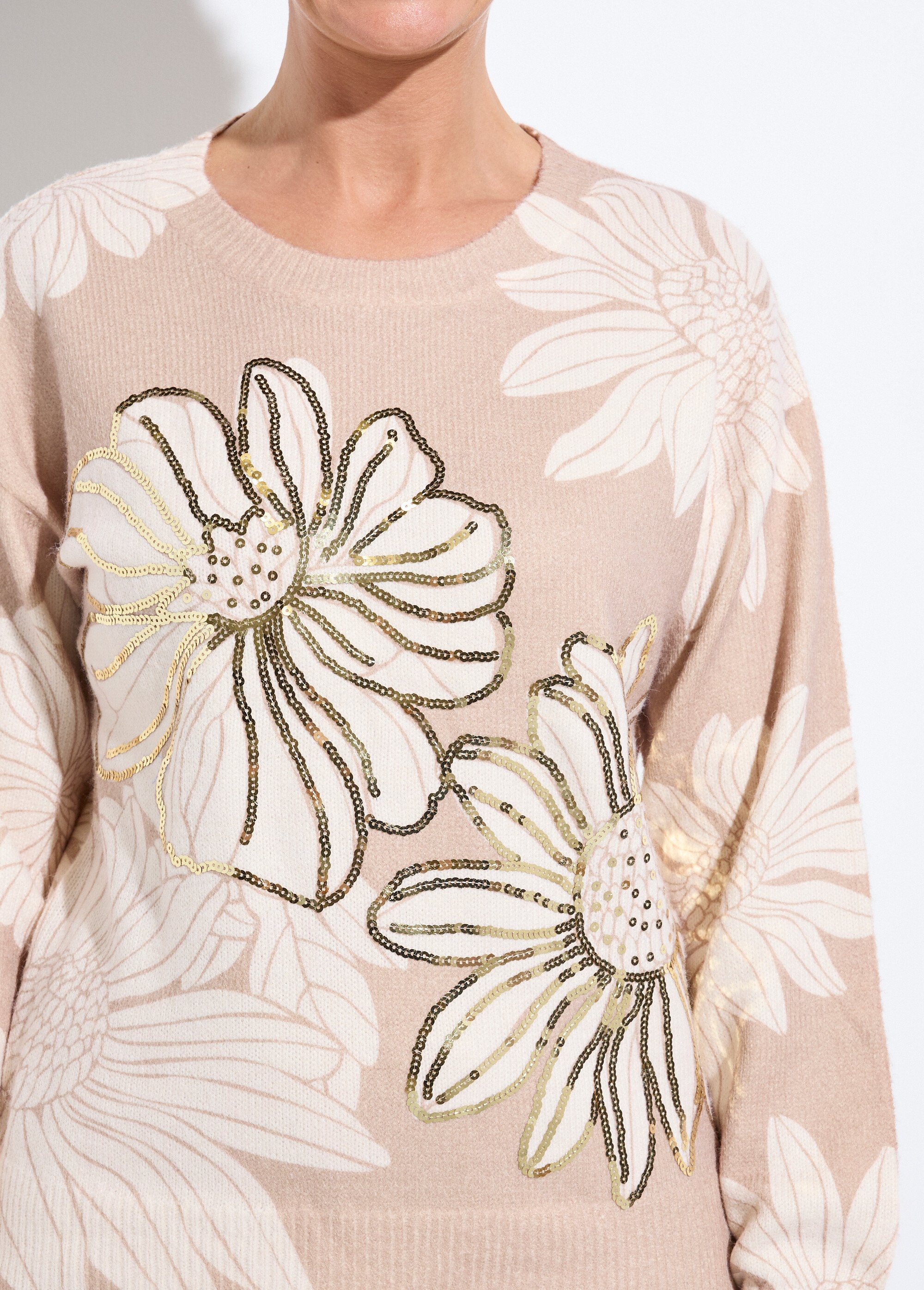 Pull fin imprimé fleurs sequins col rond Femme Beige PARDOUX DE1
