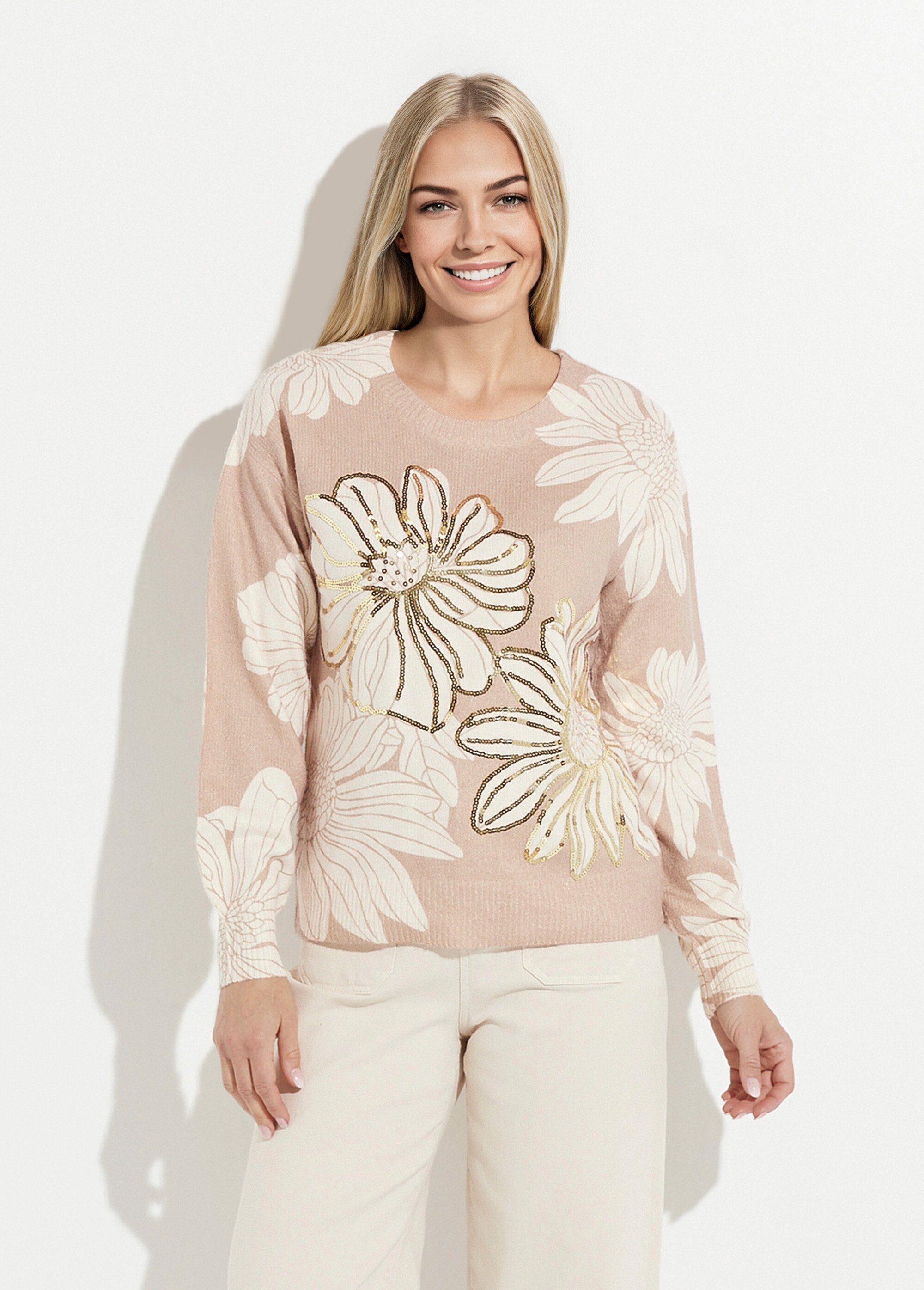Pull fin imprimé fleurs sequins col rond Femme Beige PARDOUX FA1