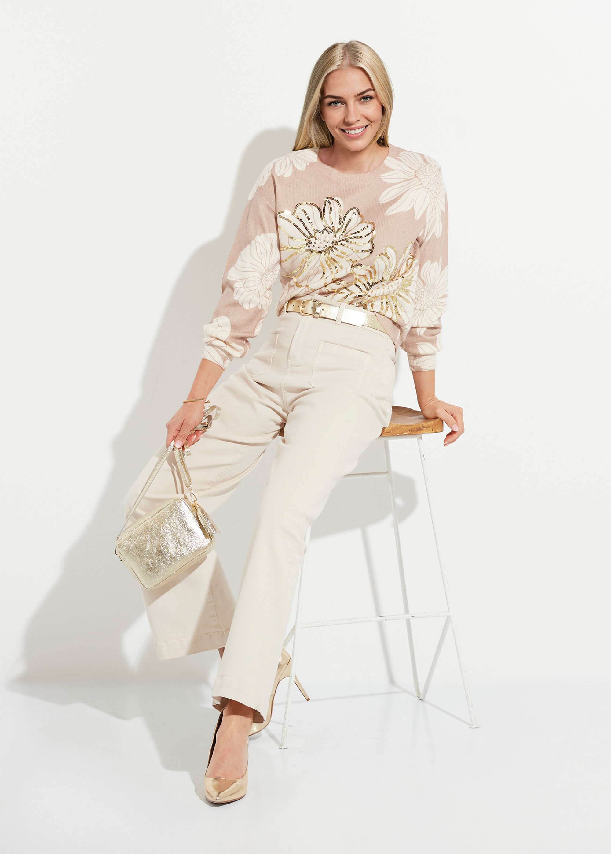 Pull fin imprimé fleurs sequins col rond