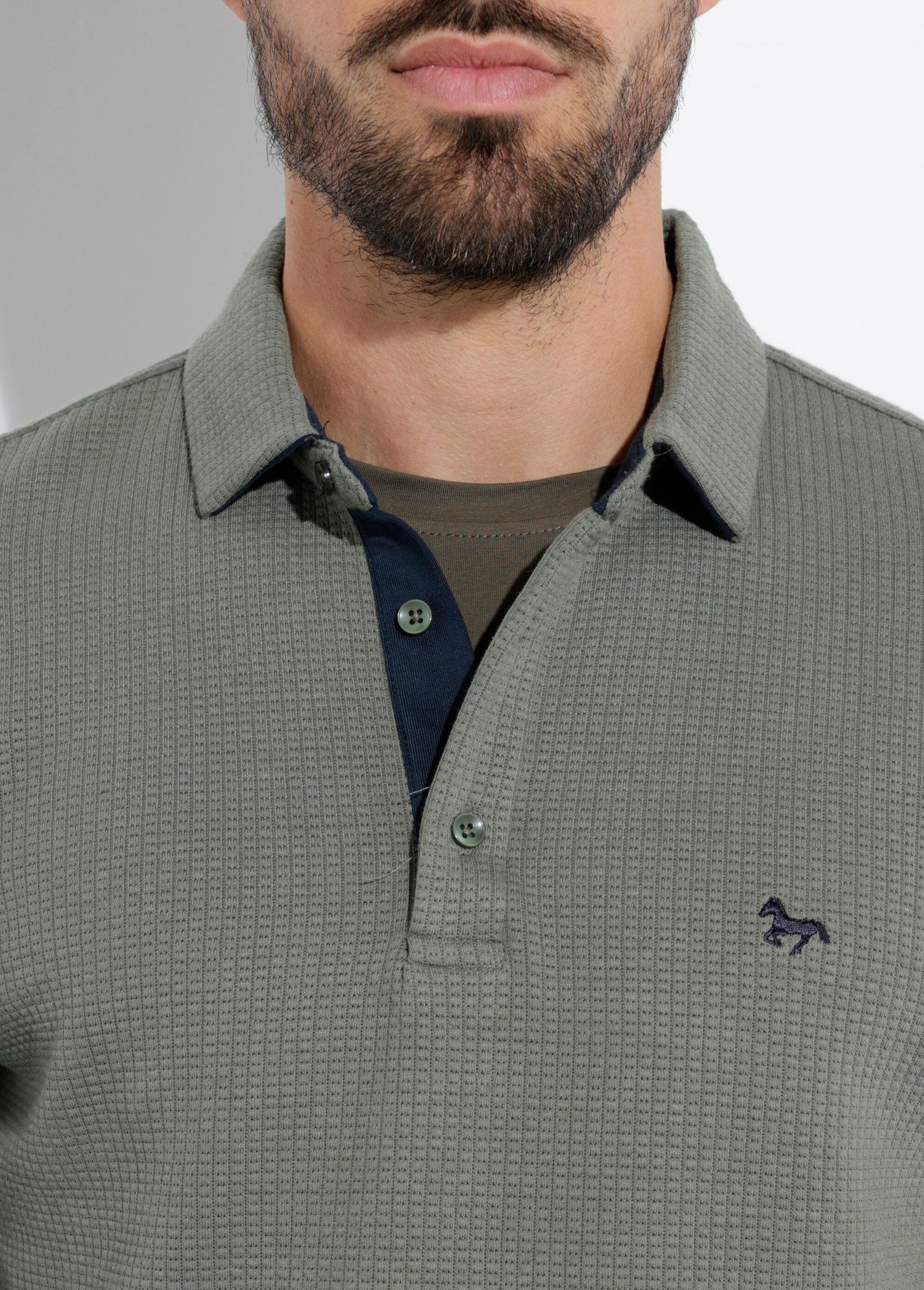 Pull maille fantaisie, col polo boutonné Vert STI24601 DE1