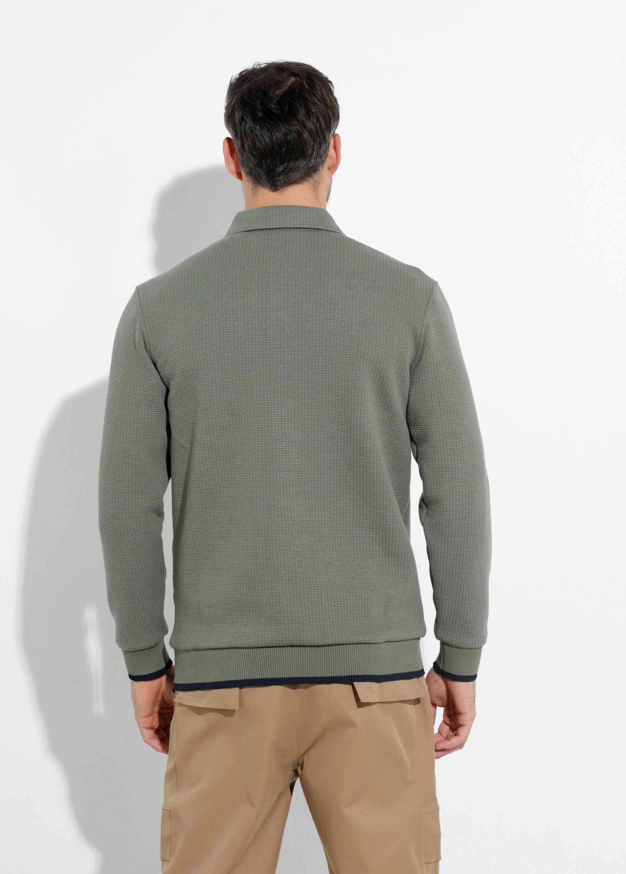 Pull maille fantaisie, col polo boutonné Vert STI24601 DO1