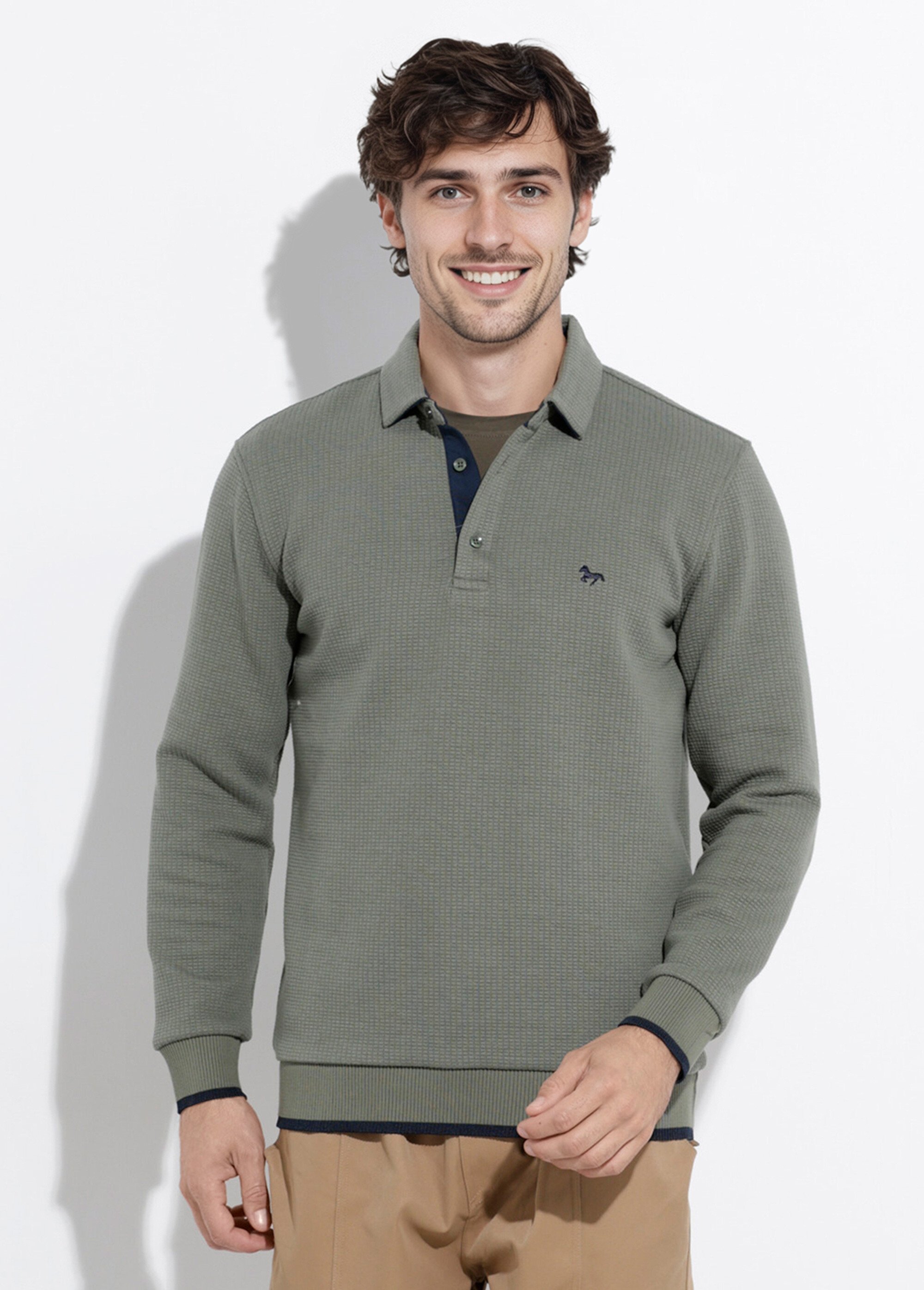 Pull maille fantaisie, col polo boutonné Vert STI24601 FA1