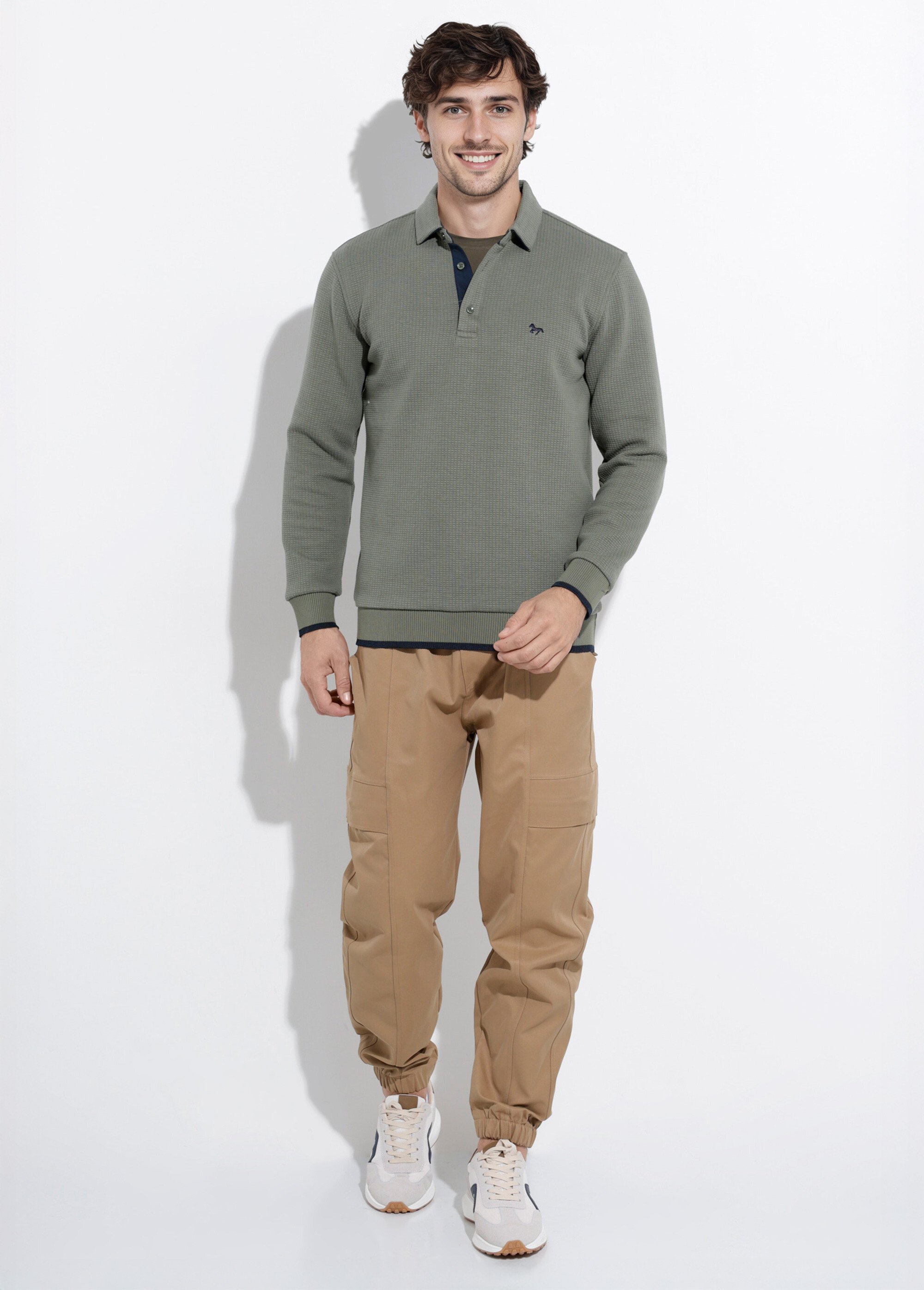 Pull maille fantaisie, col polo boutonné Vert STI24601 SF1