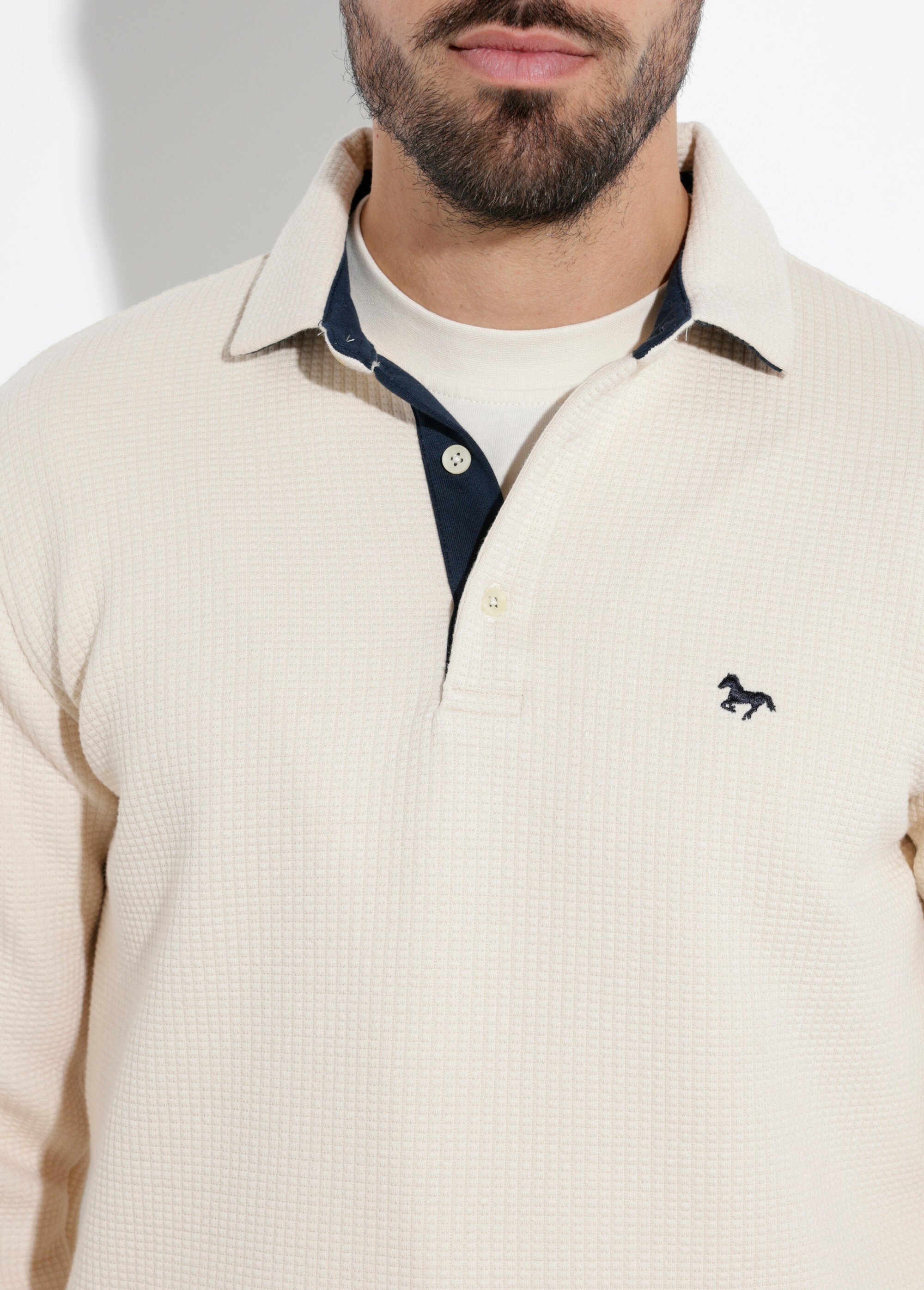 Pull maille fantaisie, col polo boutonné