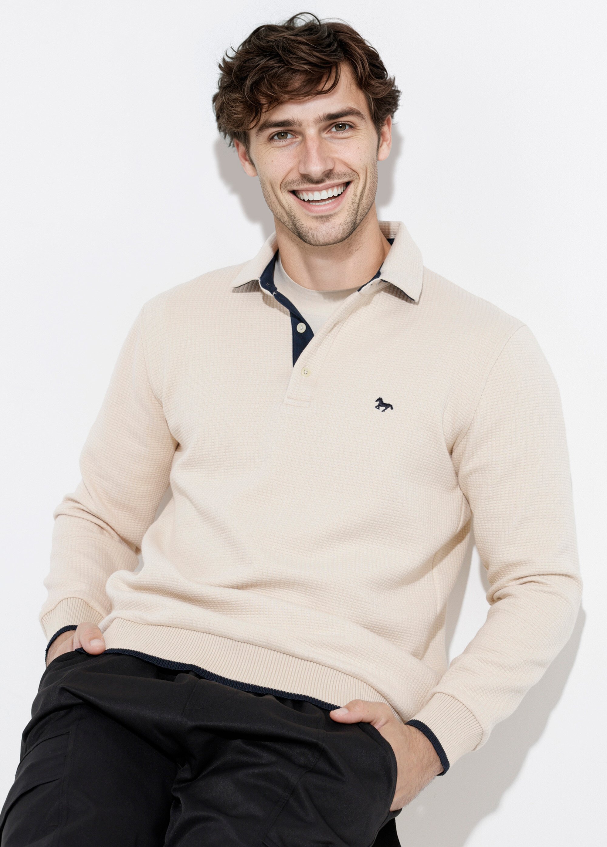 Pull maille fantaisie, col polo boutonné