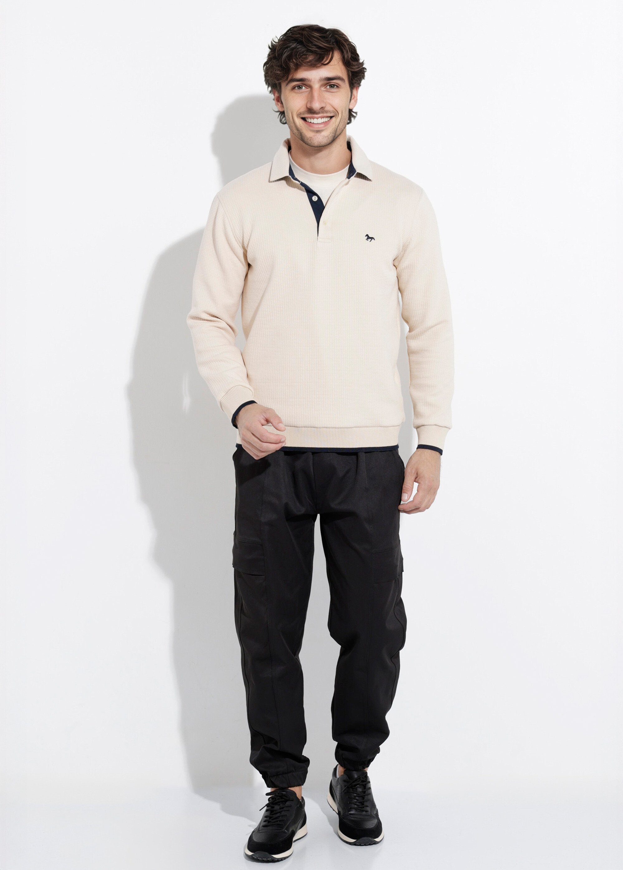 Pull maille fantaisie, col polo boutonné Beige STI24601 SF1