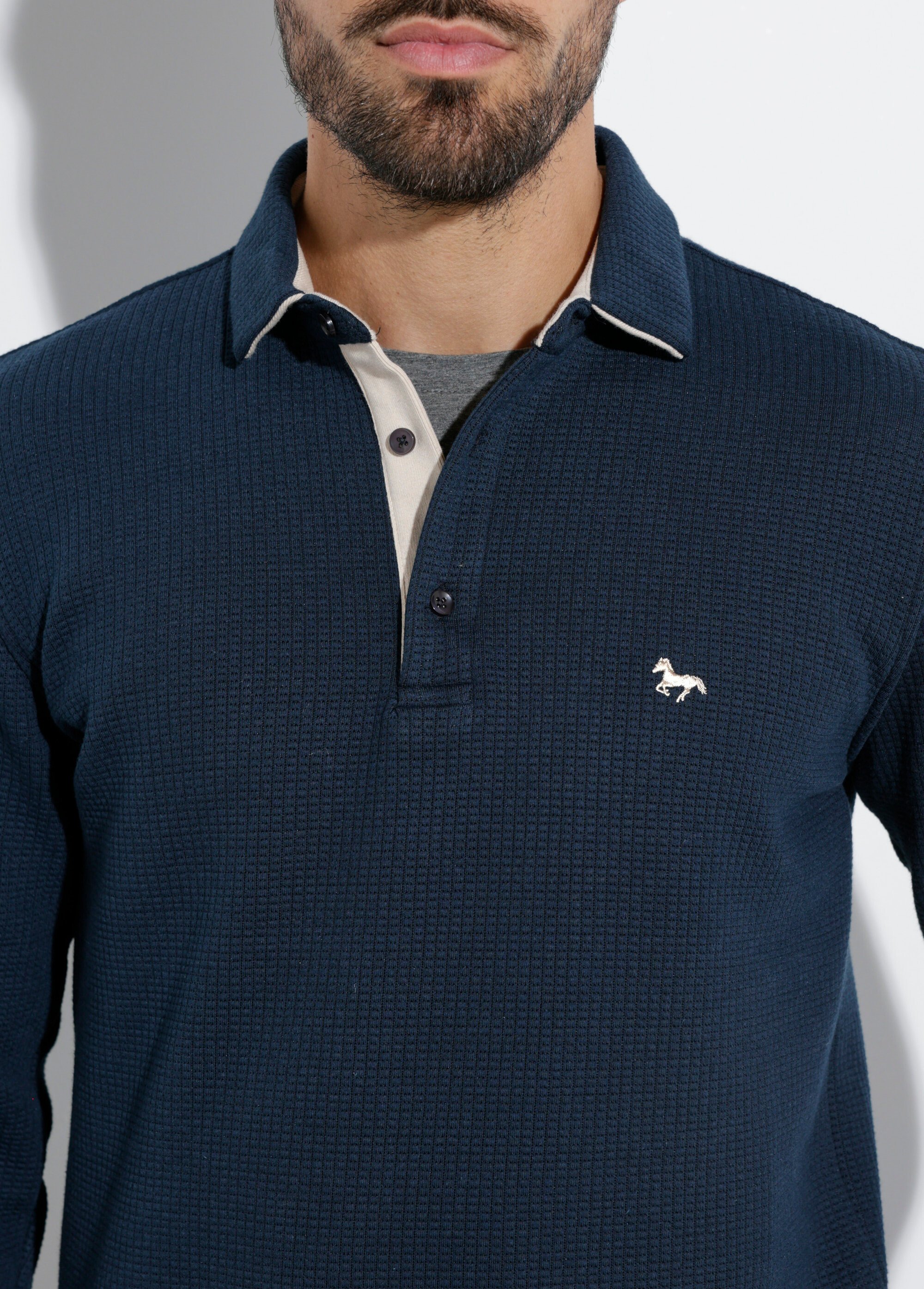 Pull maille fantaisie, col polo boutonné Bleu STI24601 DE1
