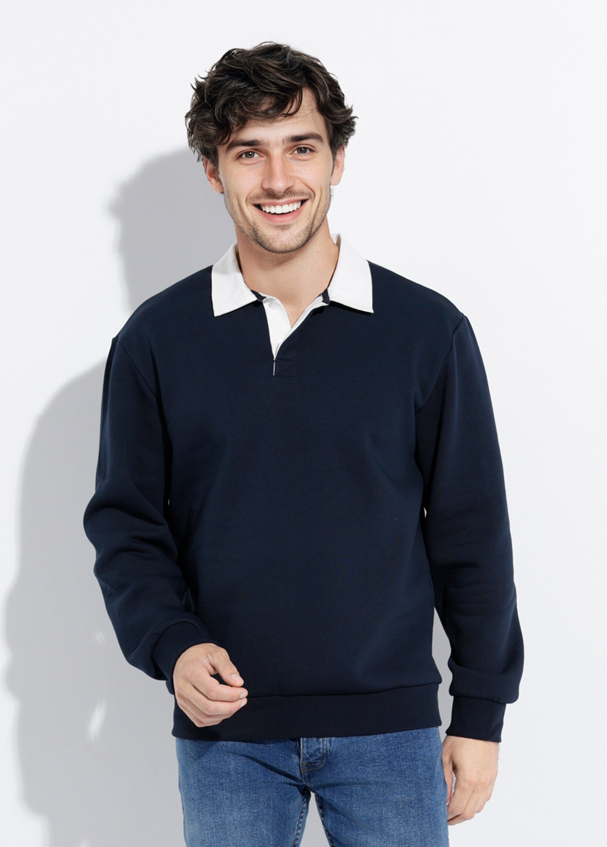 Pull maille fantaisie, col polo boutonné Bleu STI24601 FA1