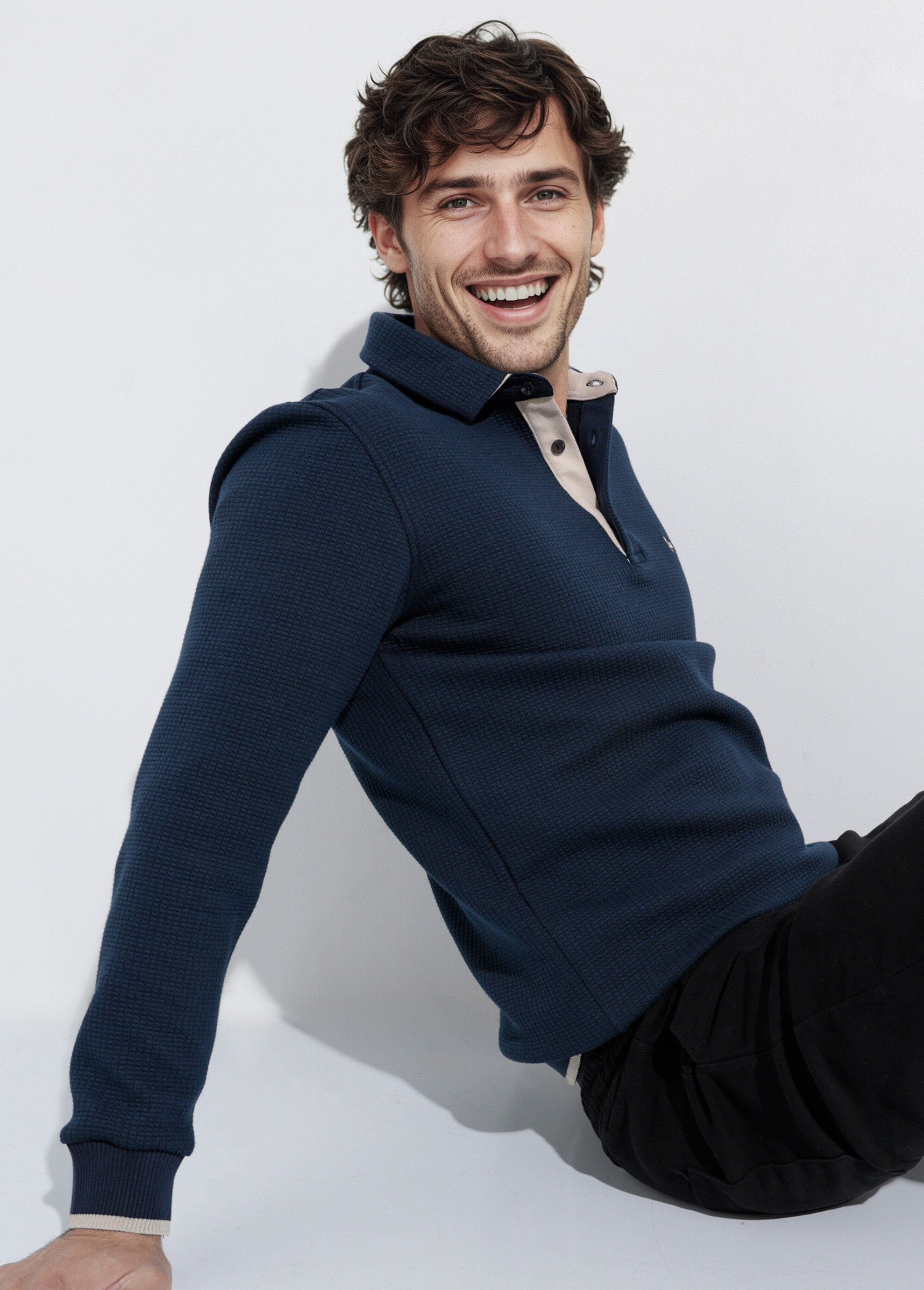 Pull maille fantaisie, col polo boutonné Bleu STI24601 MV1