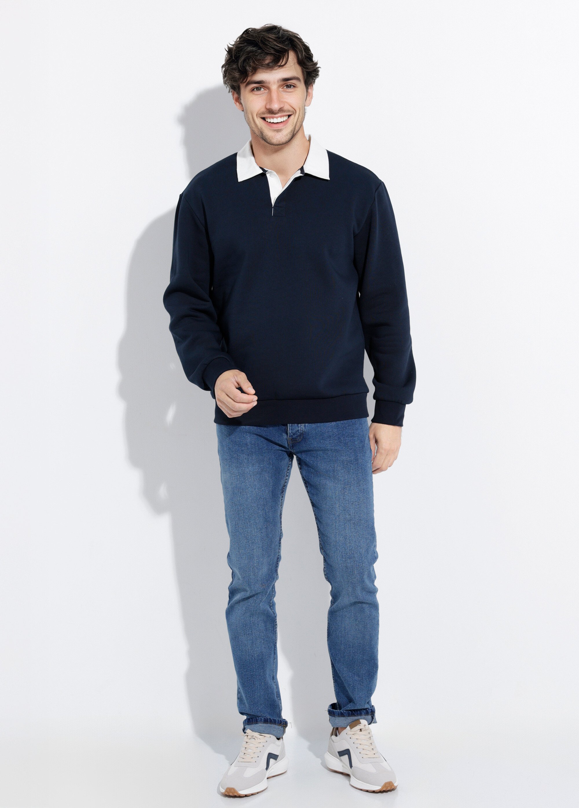 Pull maille fantaisie, col polo boutonné Bleu STI24601 SF1