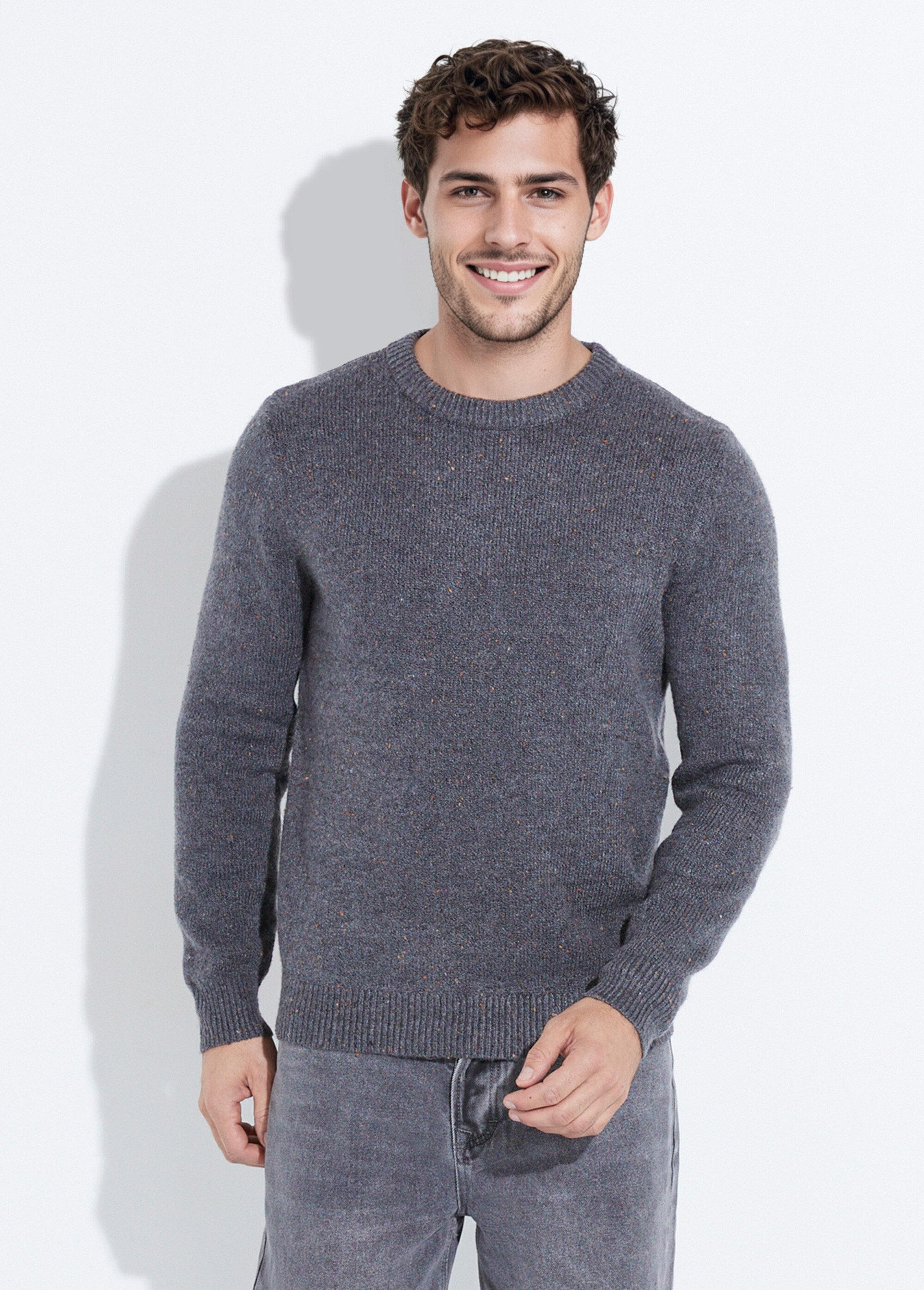 Pull maille mouchetée avec col rond Homme Gris YVE8017 FA1