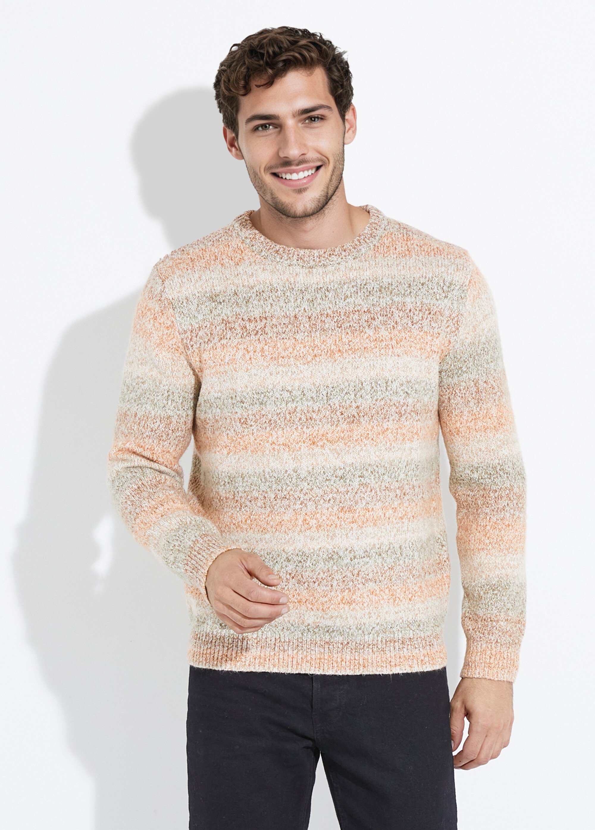 Pull rayures fantaisie avec col rond Homme Beige YVE8015 FA1
