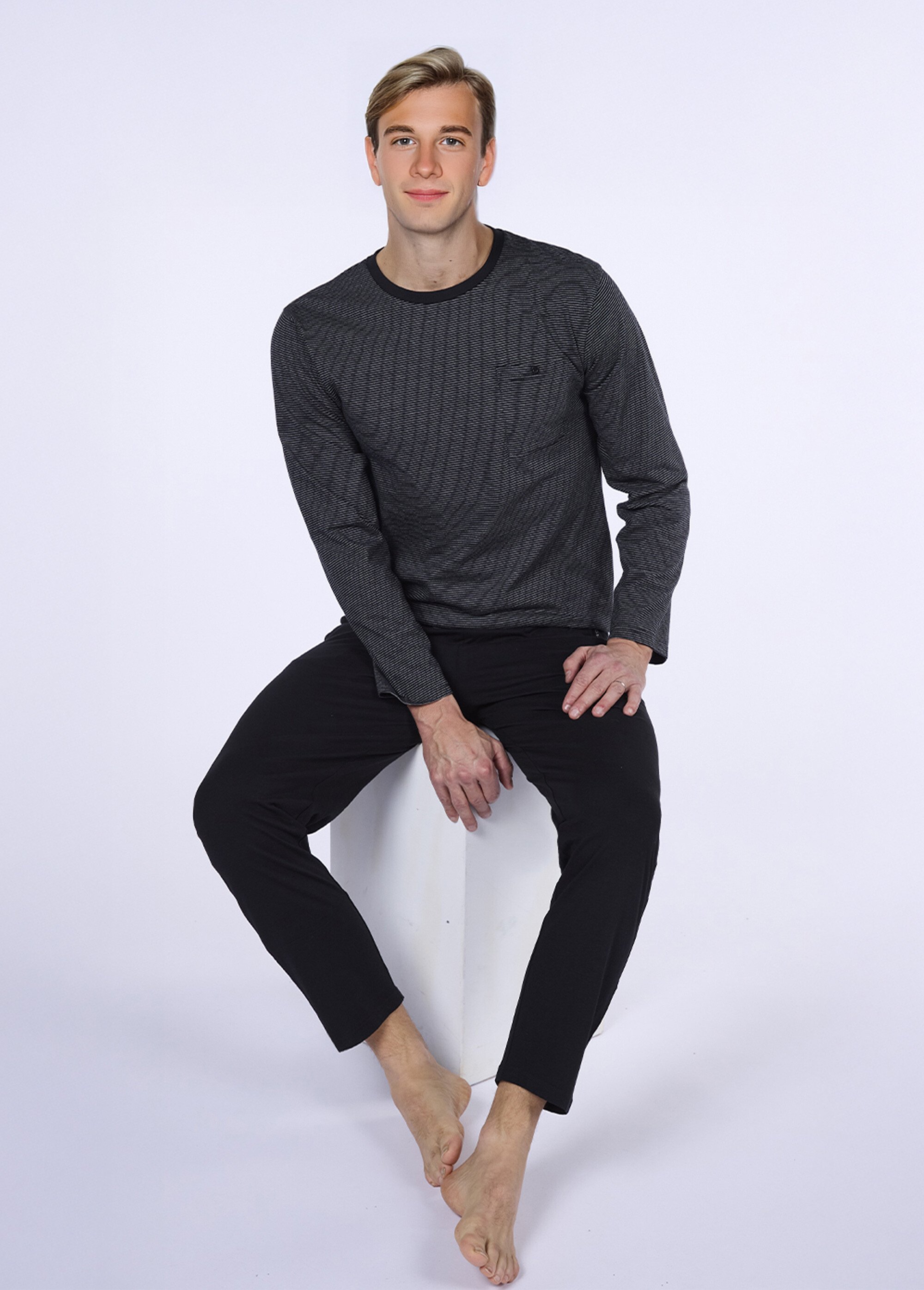 Pyjama long 2 pièces coton haut rayé Homme Gris CTMHH.NIG.PY2 MV1