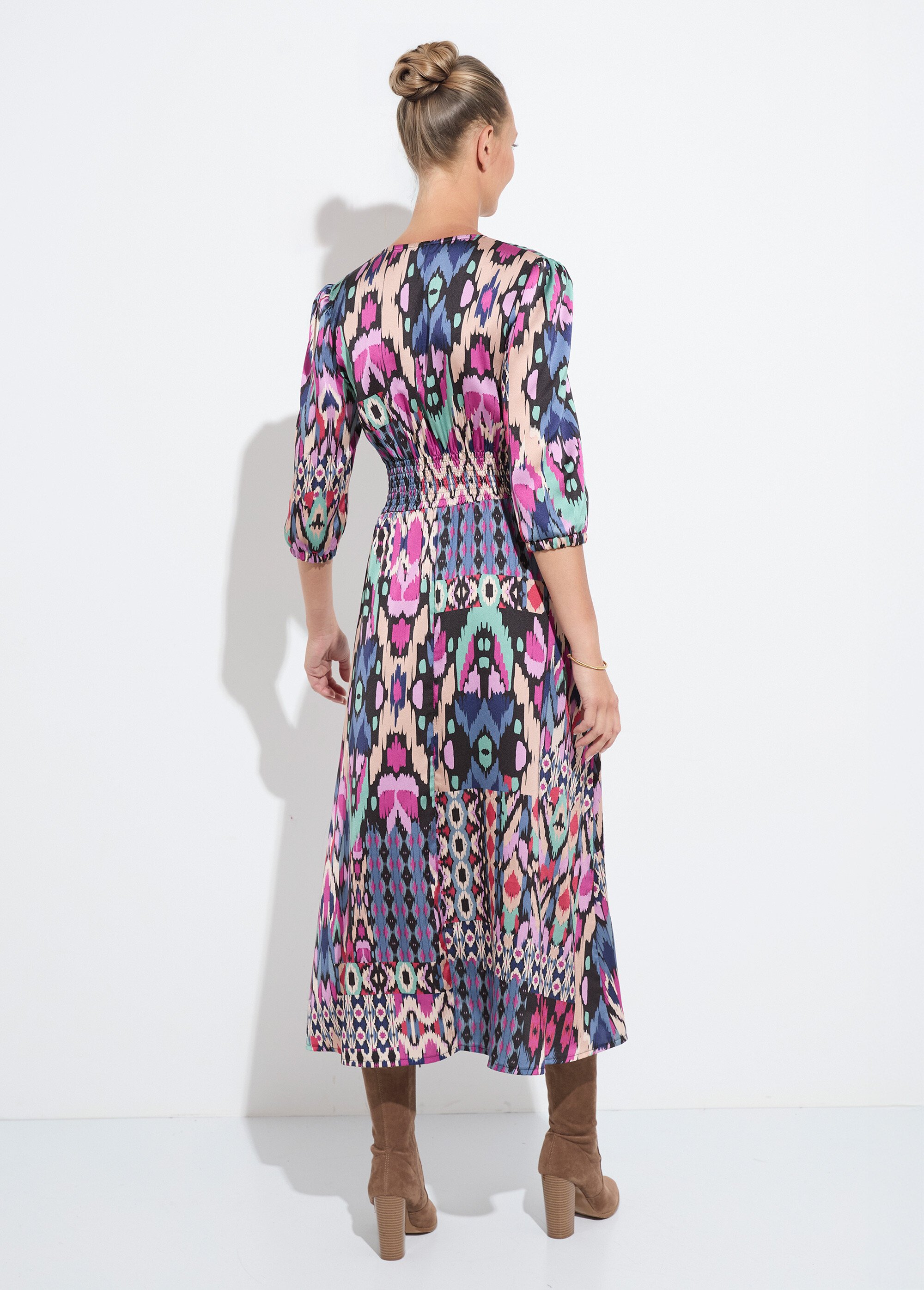 Robe longue satin imprimé ethnique manches 3/4 Femme MULTICOLORE HALINE DO1