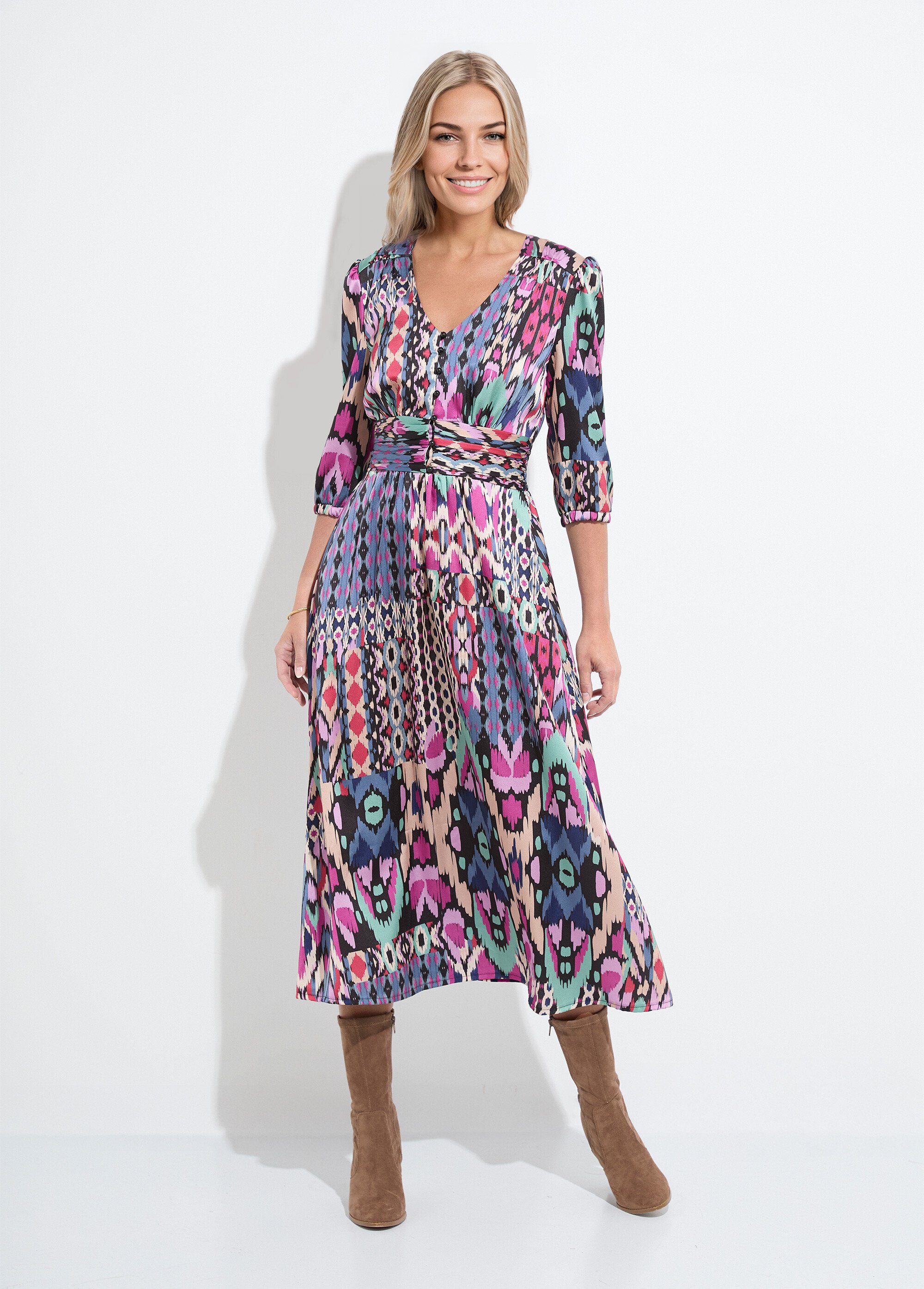 Robe longue satin imprimé ethnique manches 3/4 Femme MULTICOLORE HALINE FA1