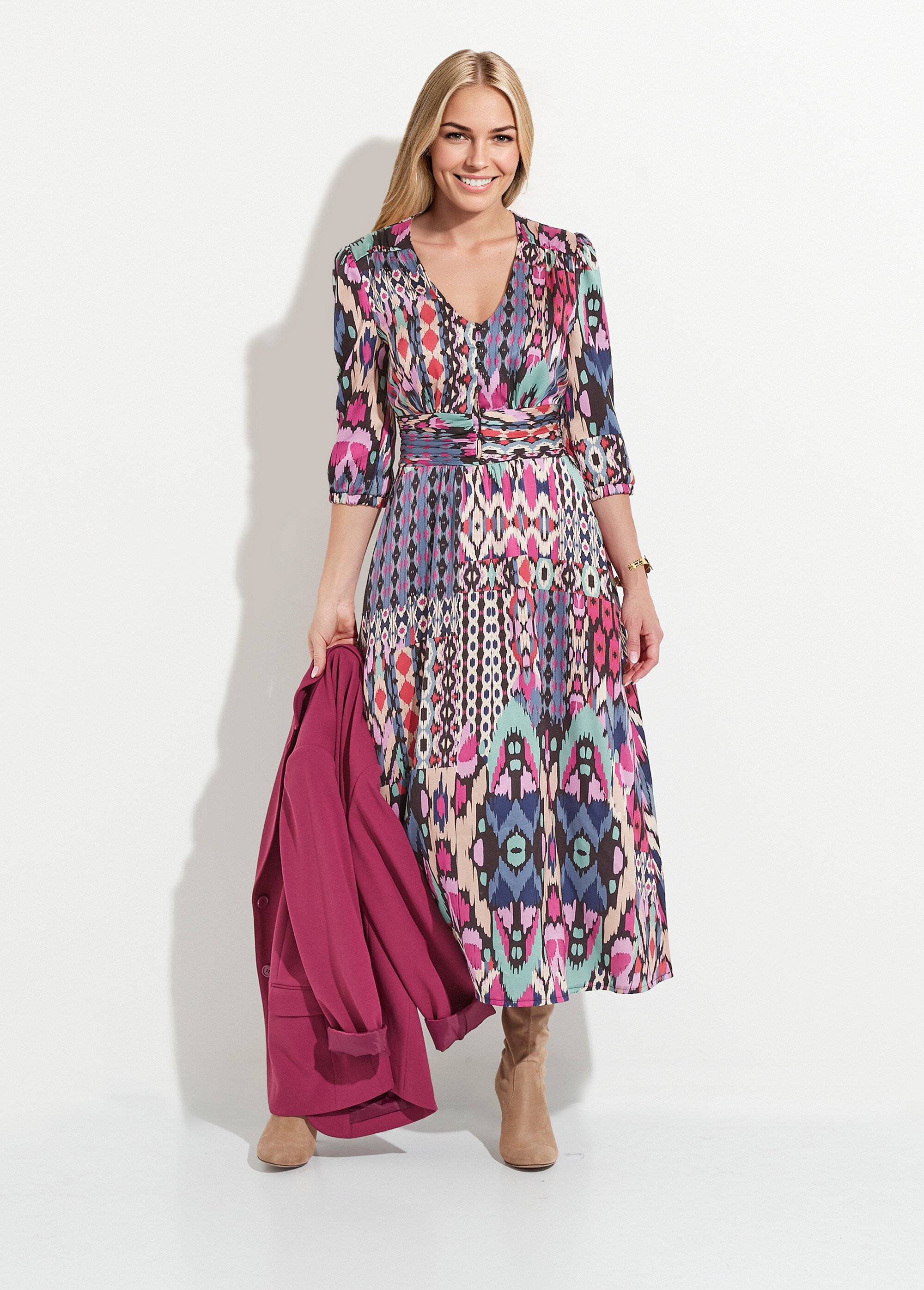 Robe longue satin imprimé ethnique manches 3/4 Femme MULTICOLORE HALINE MV1