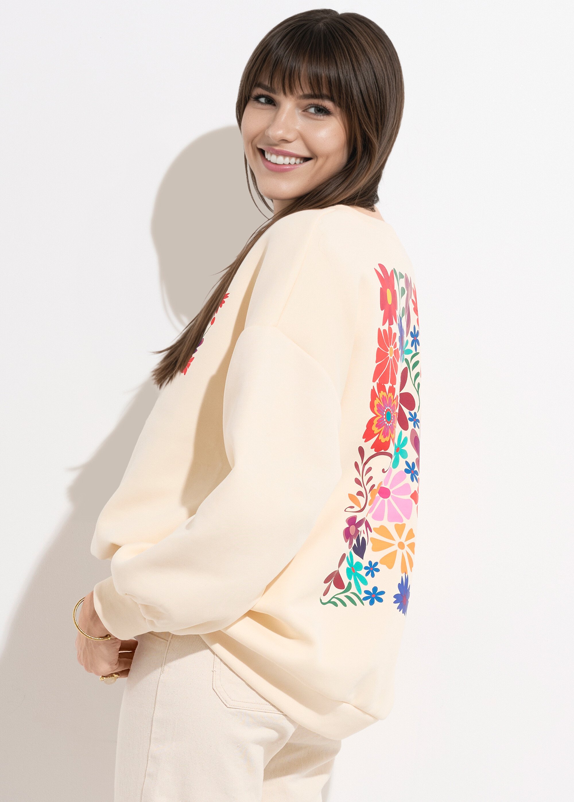 Sweat shirt épais col rond thème fleurs