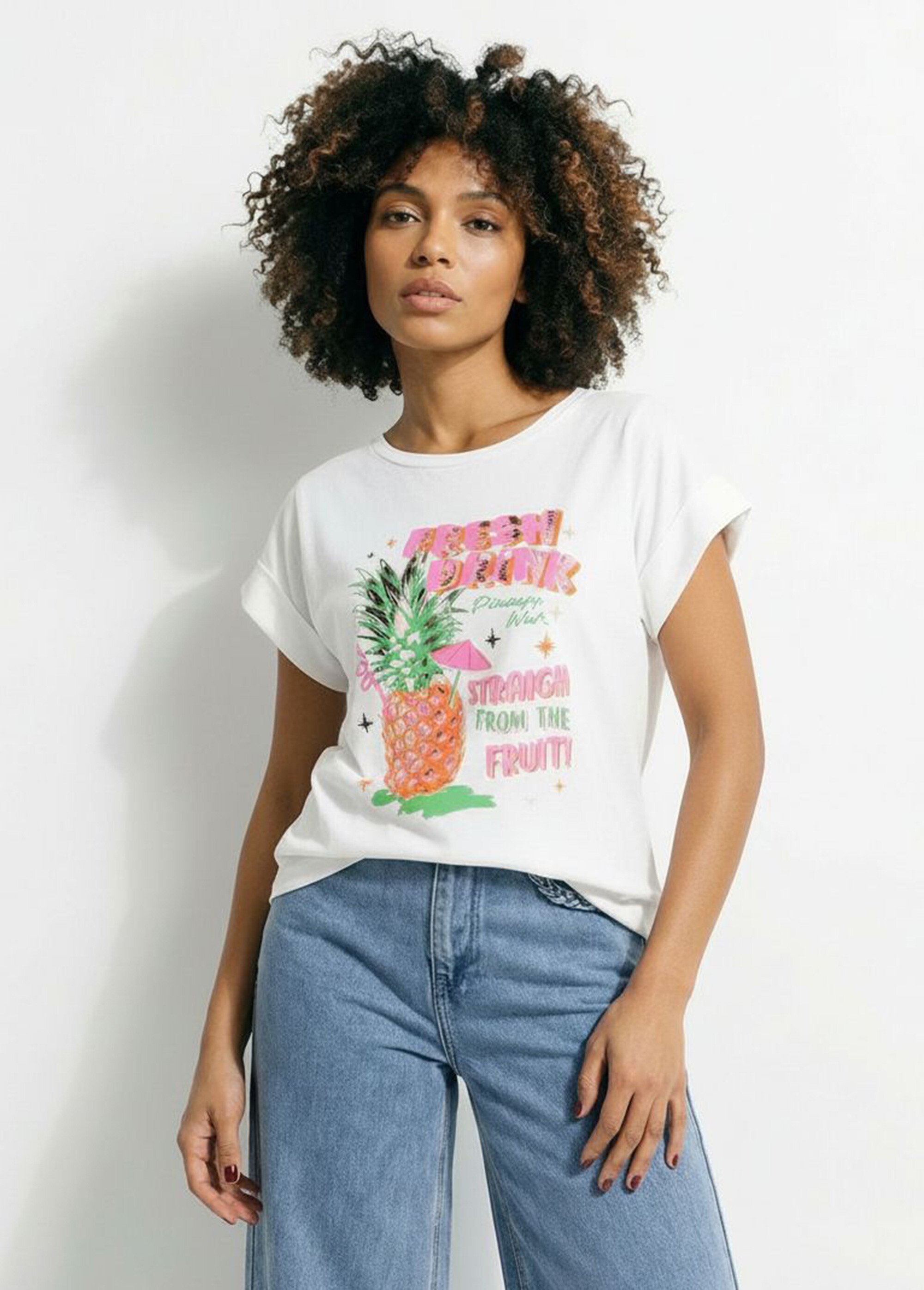 T-shirt col rond sérigraphie Pineapple Femme Blanc AMI-OTK16833 FA1