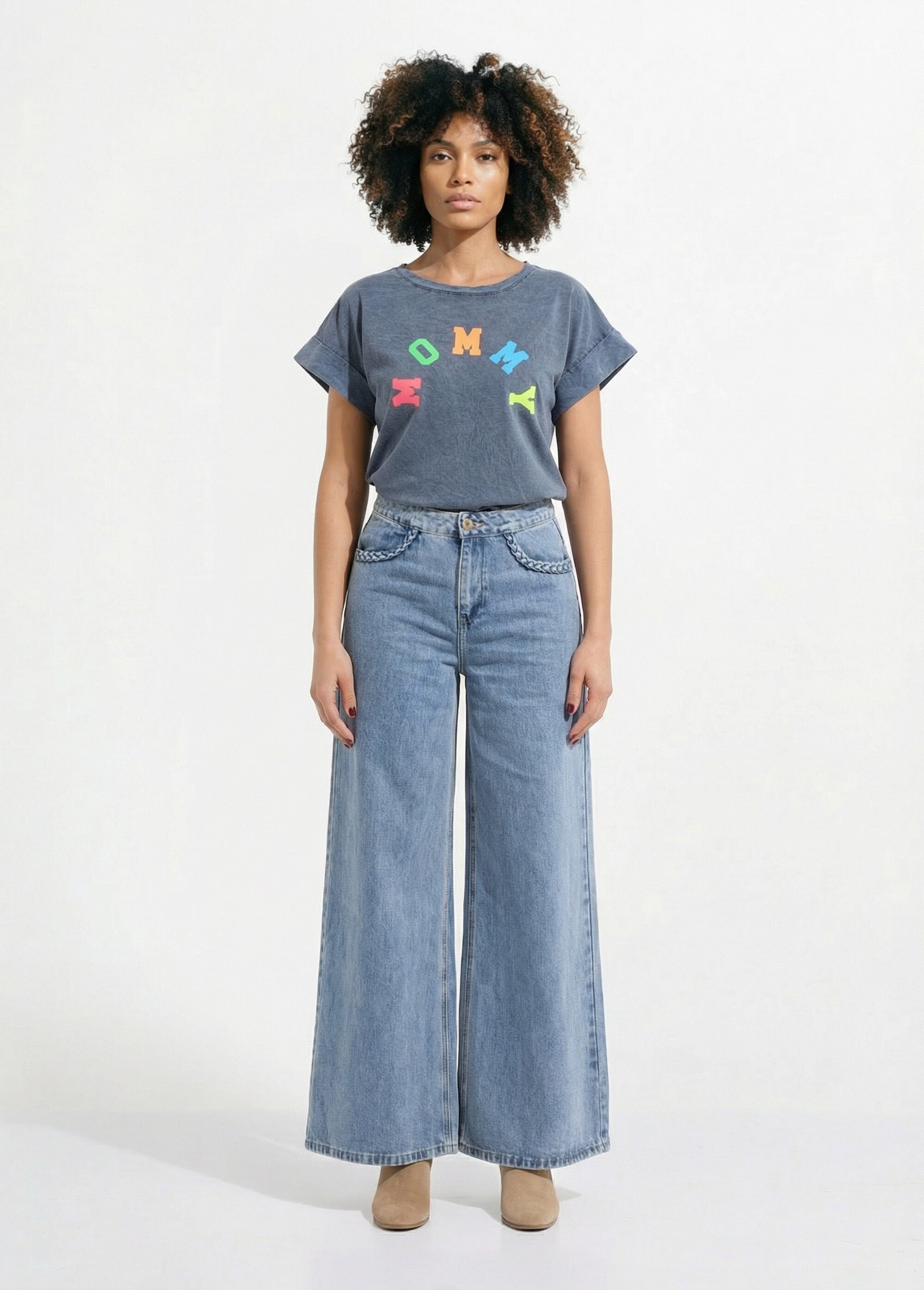 T-shirt délavé avec inscription Mommy Femme Gris AMI-OTK17109 SF1