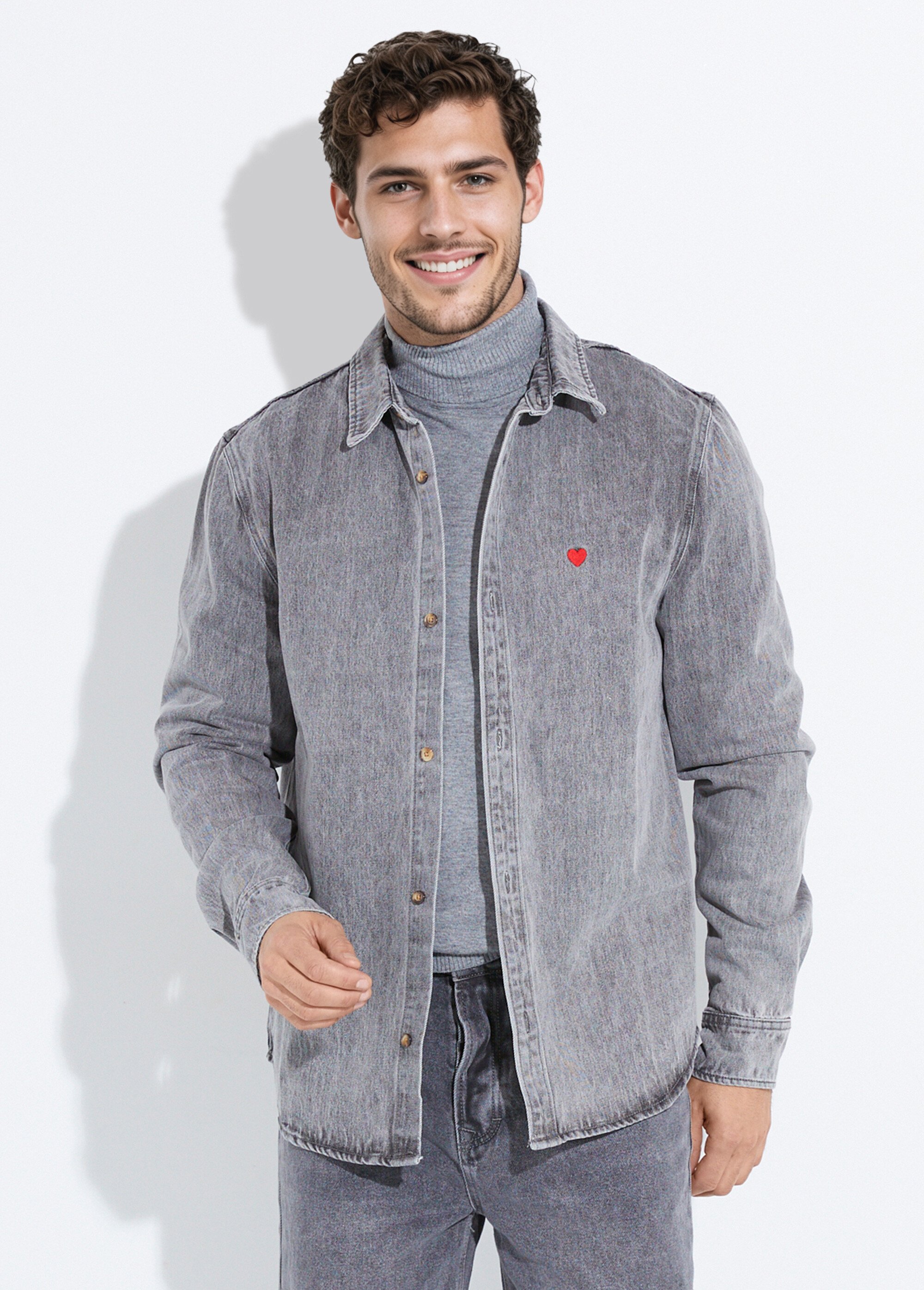 Chemise en denim épais délavé Homme Gris LYSJF026 FA1