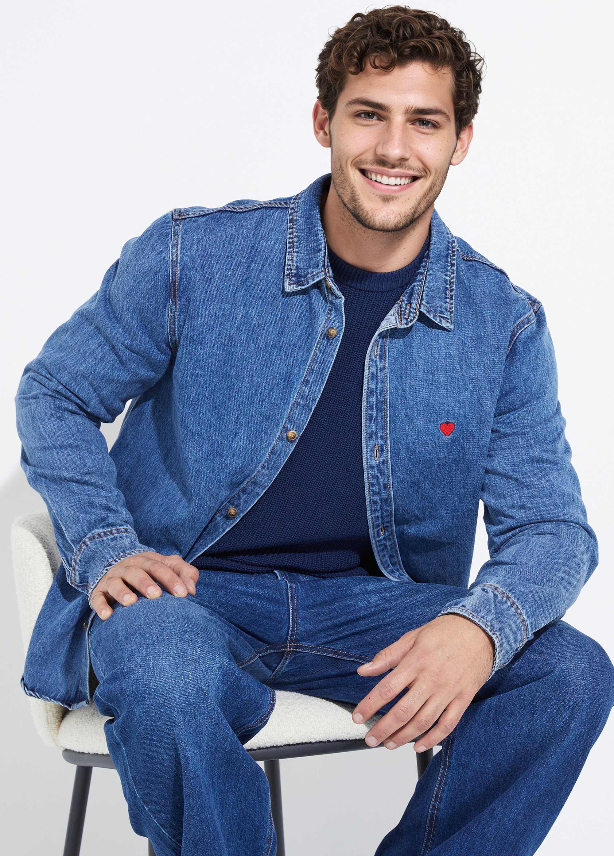 Chemise en jean en denim épais stone Homme Bleu LYSJF025 MV1