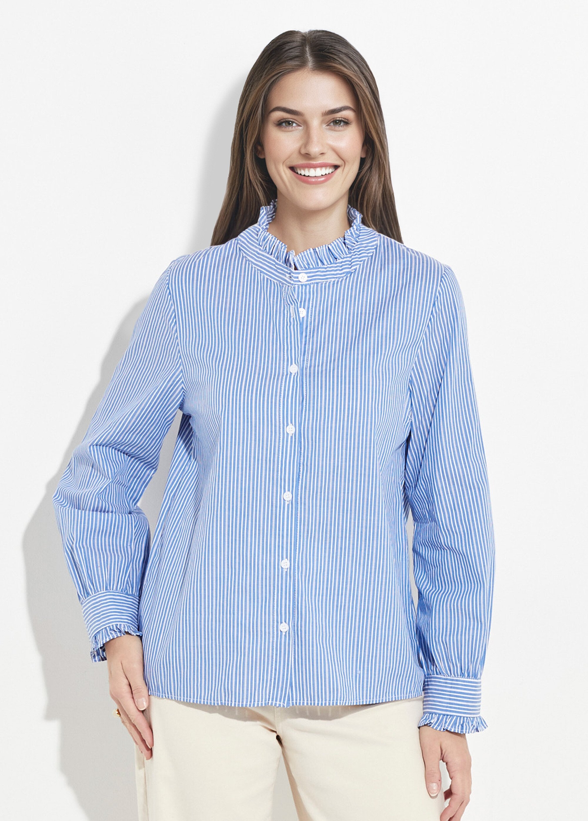 Chemisier à rayures, col et poignets plissés Femme Cuivré IA-Q3120 FA1