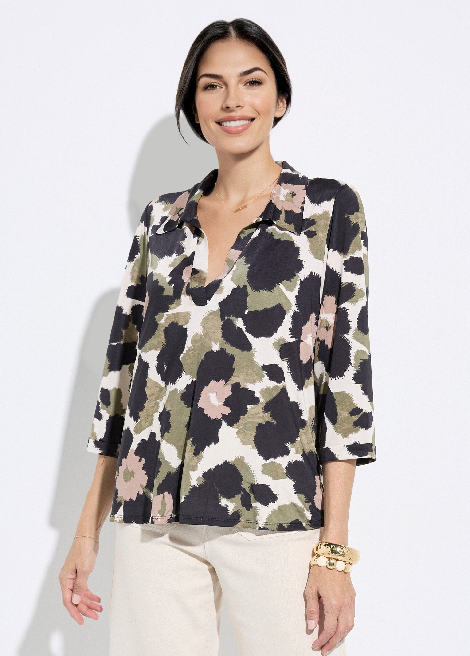 Chemisier fluide camouflage et col tailleur Femme NOIR ET KAKI FI-LOUICAMONO FA1