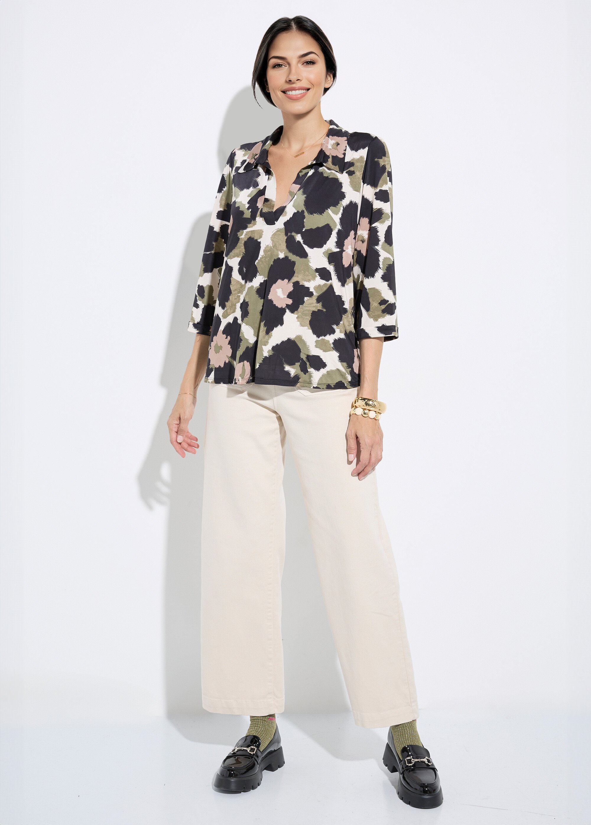 Chemisier fluide camouflage et col tailleur Femme NOIR ET KAKI FI-LOUICAMONO SF1