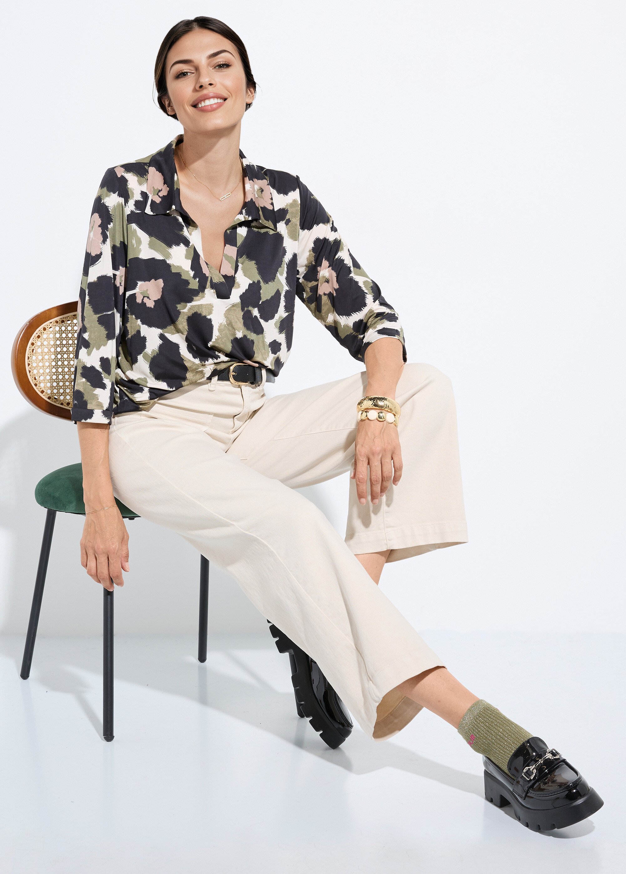 Chemisier fluide camouflage et col tailleur Femme NOIR ET KAKI FI-LOUICAMONO SI1