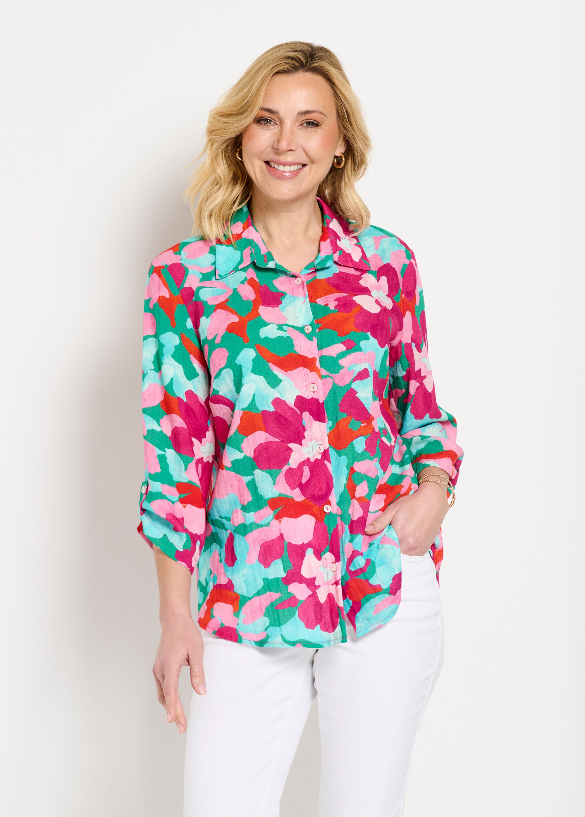 Chemisier 1.2.3. Femme - Taille 44 - Rose - 100% Lin - Manches 3/4 - Boutons
