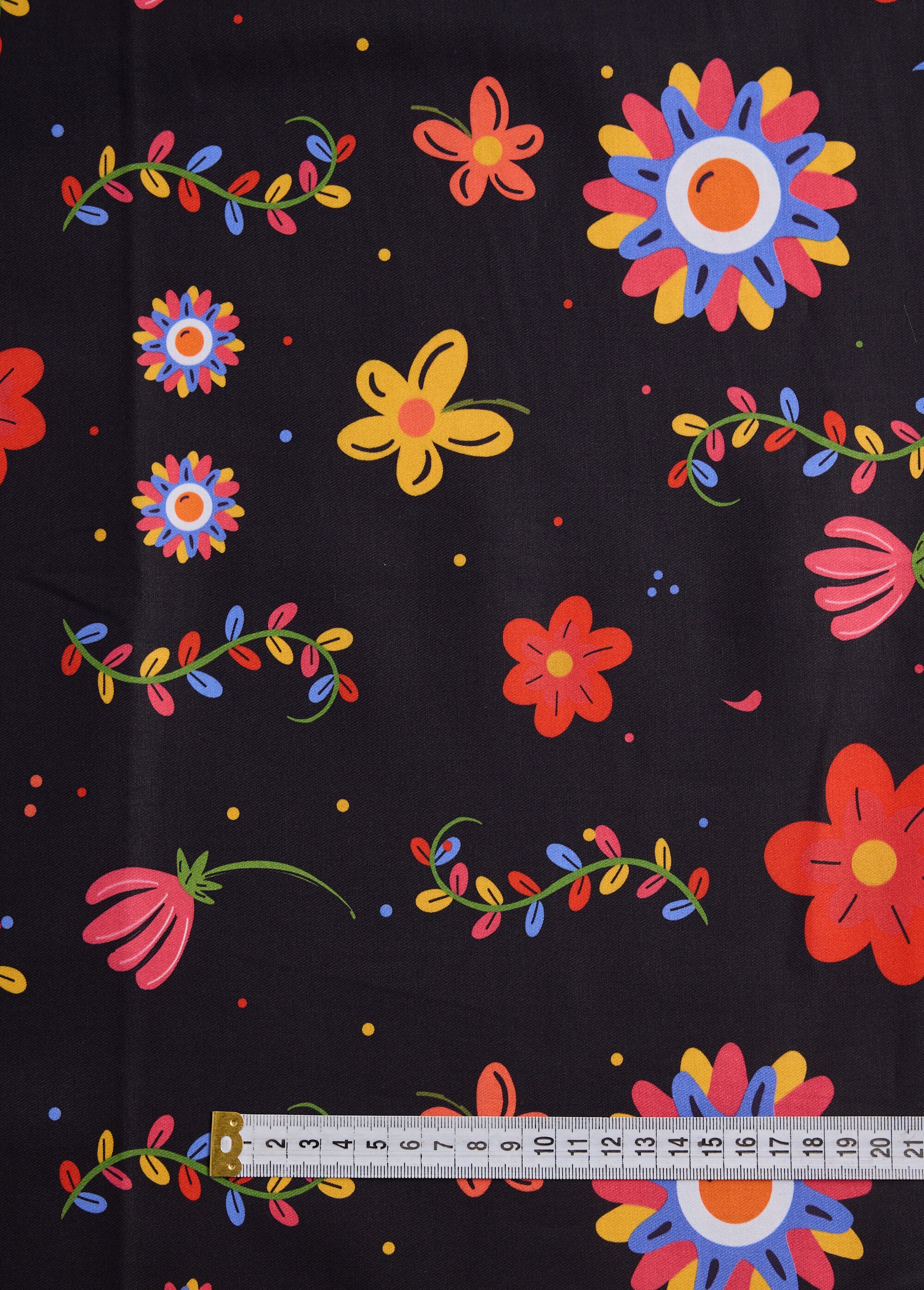 Coupon tissu imprimé naïf fleurs 1N NOIR COT96829-5 DE1