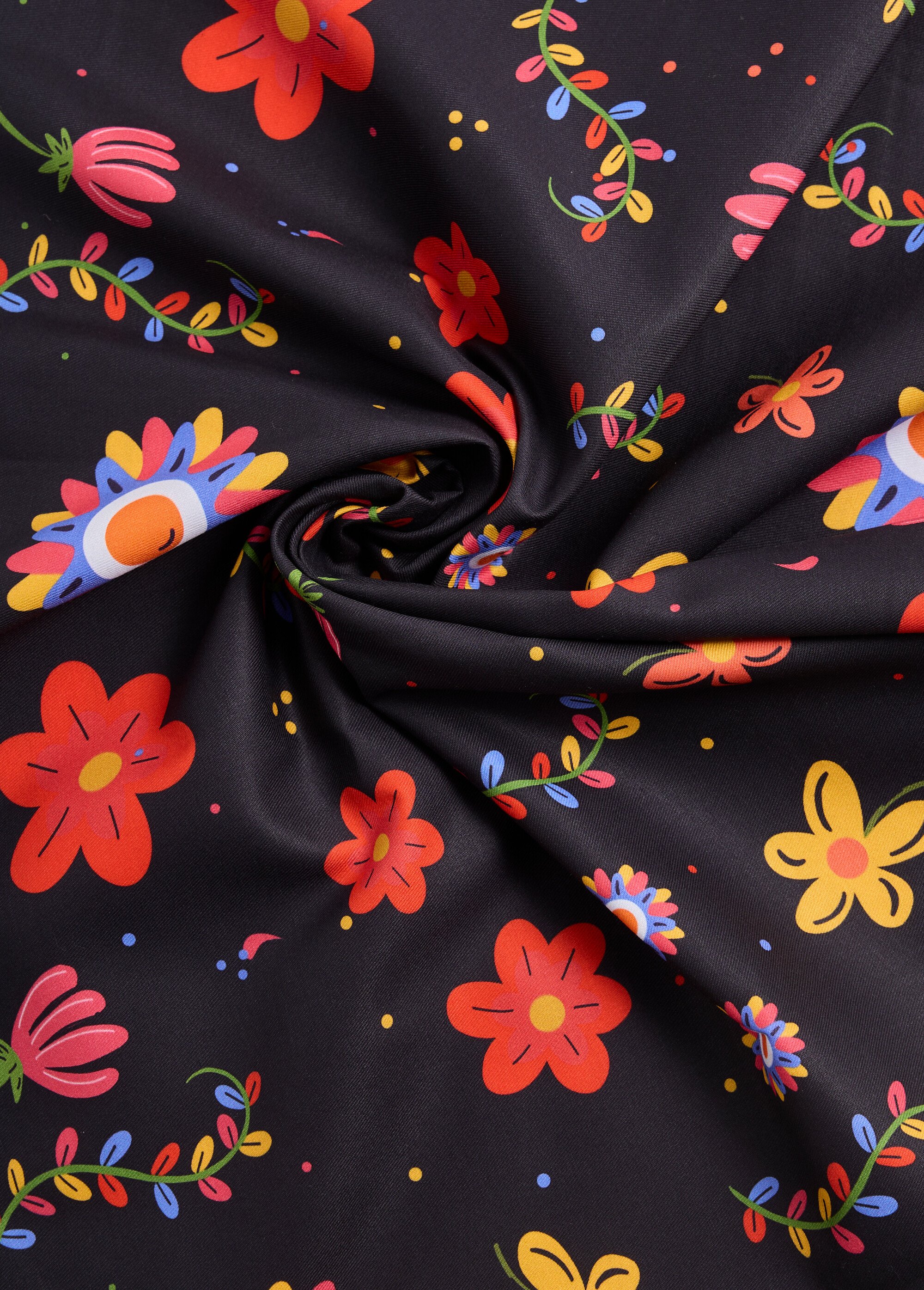 Coupon tissu imprimé naïf fleurs 1N NOIR COT96829-5 FA1