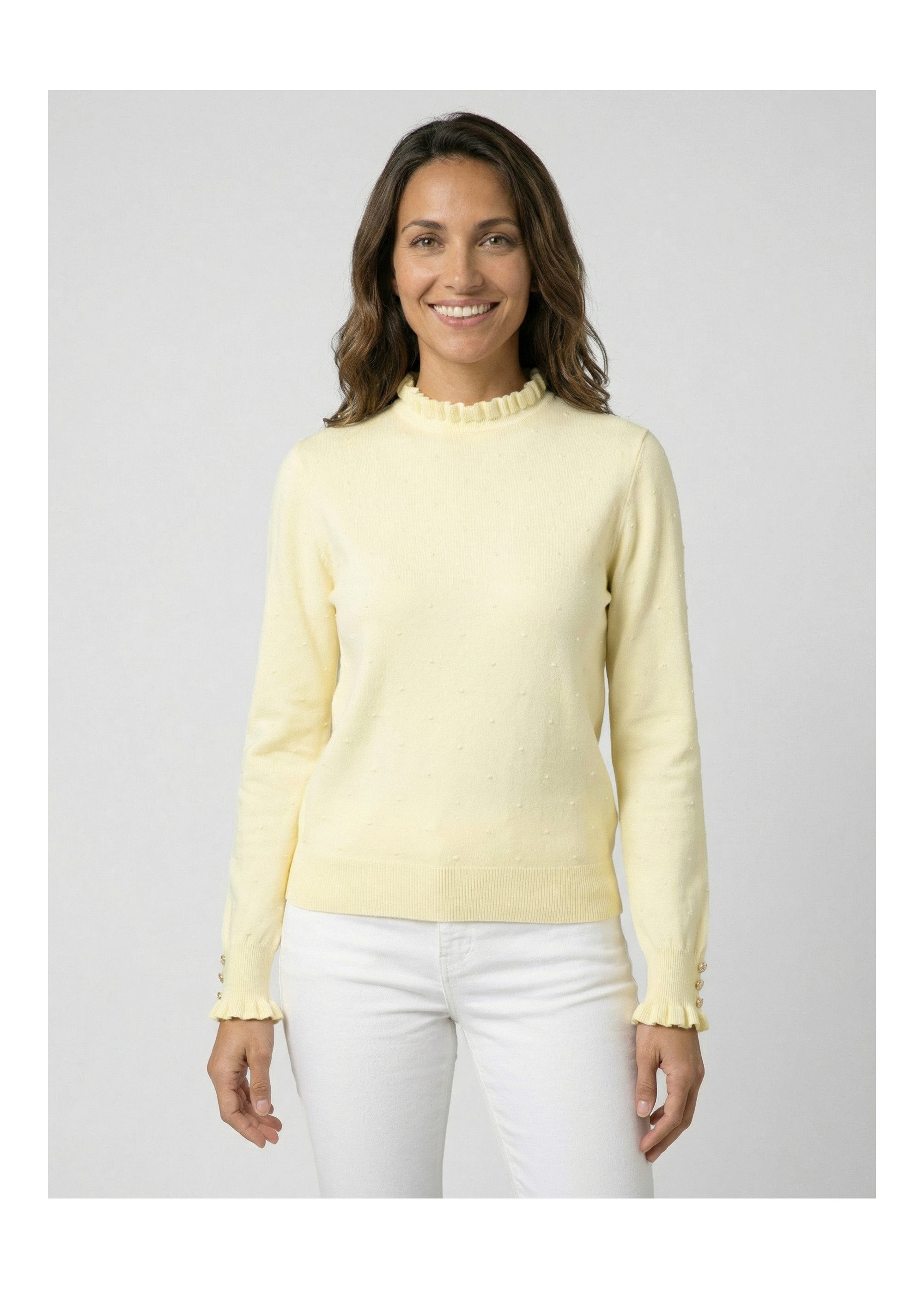 Pull col montant plissé maille plumetis Femme Jaune IA-AR1003 FA1