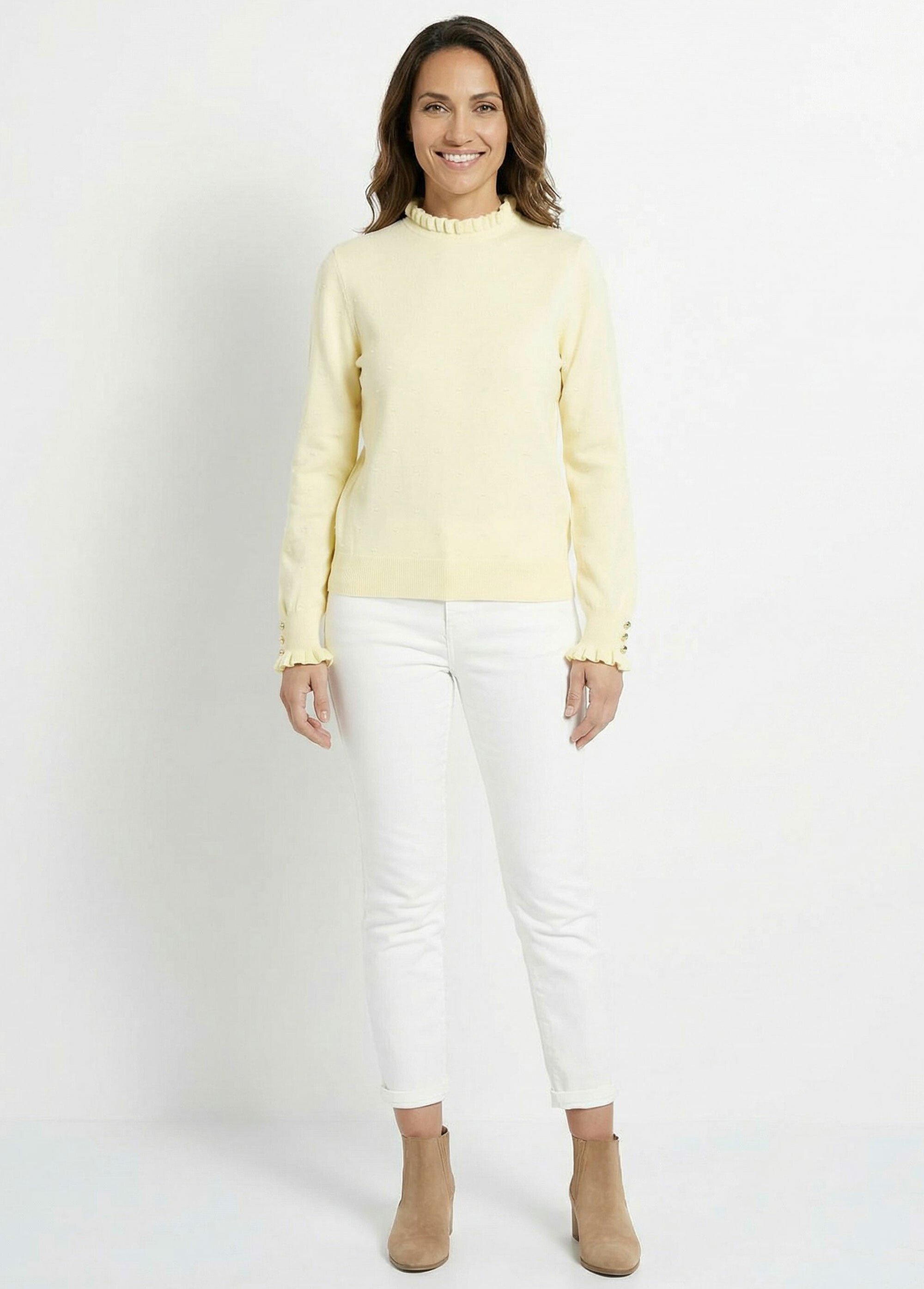 Pull col montant plissé maille plumetis Femme Jaune IA-AR1003 SF1