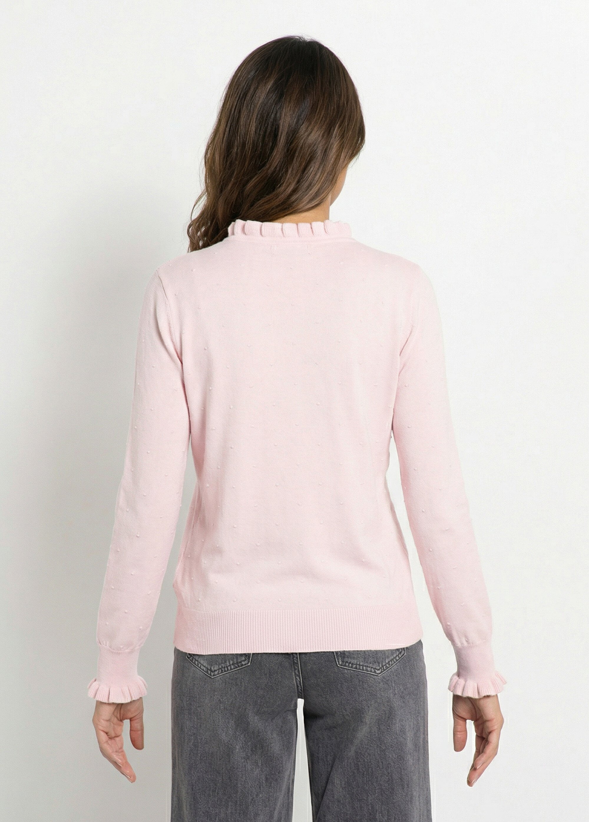 Pull col montant plissé maille plumetis Femme Rose IA-AR1003 DO1